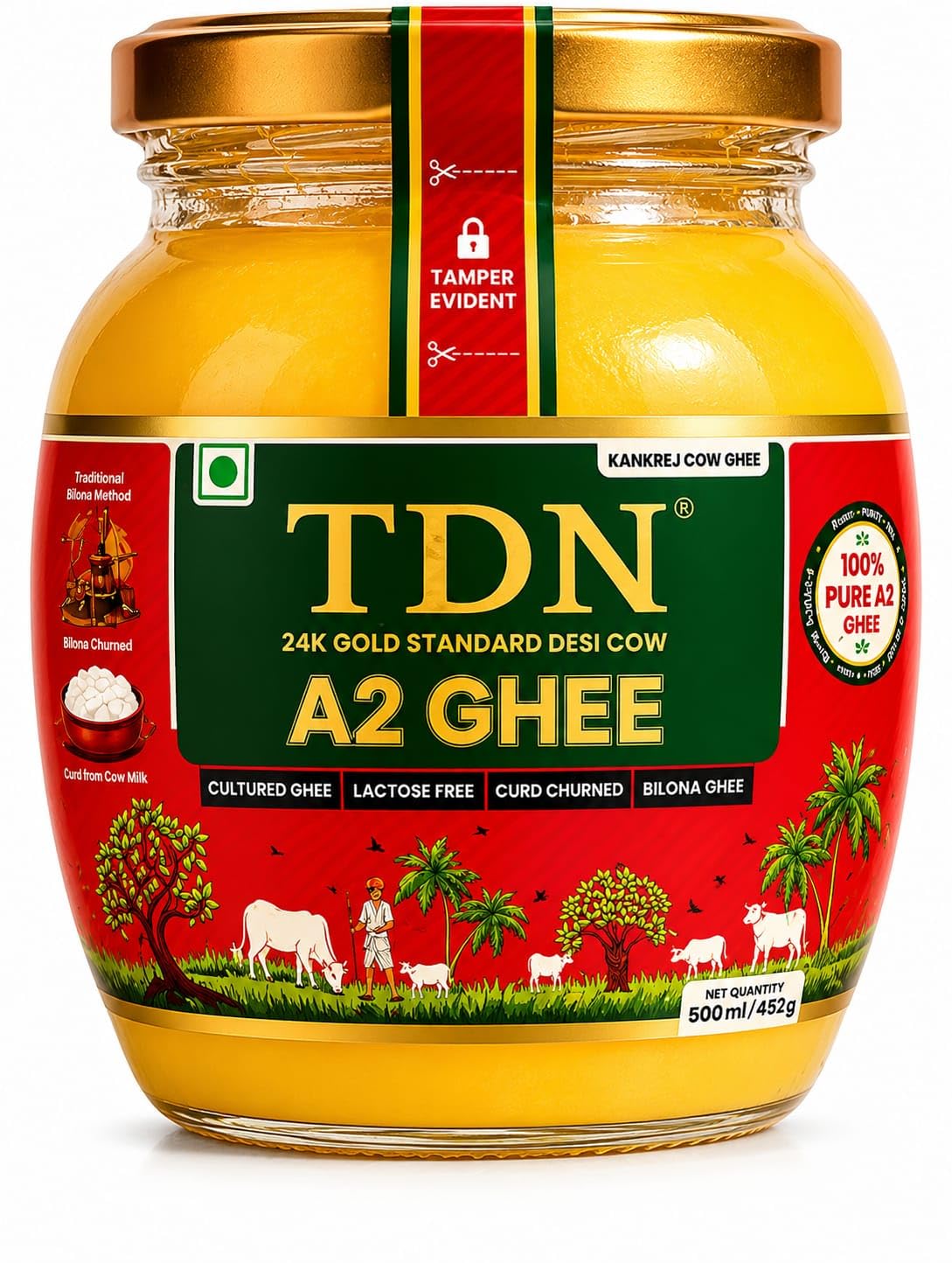 TDN A2 Ghee 500ML | Traditional Bilona Method Desi Cow A2 Ghee | Cultured & Curd Churned | NDDB Lab Tested Purity | Grass-fed | Lactose Free | Glass Bottle