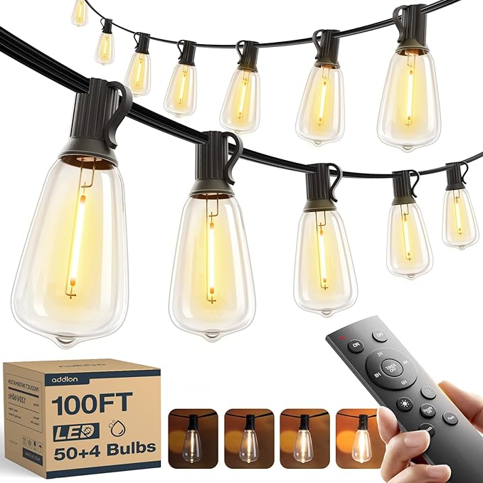 addlon 200FT(50FT*4) LED Outdoor Lights Waterproof Patio Lights with 64 Shatterproof ST38 Replaceable Bulbs(4 Spare), Dimmable Outside Hanging Light Connectable for Porch, Backyard