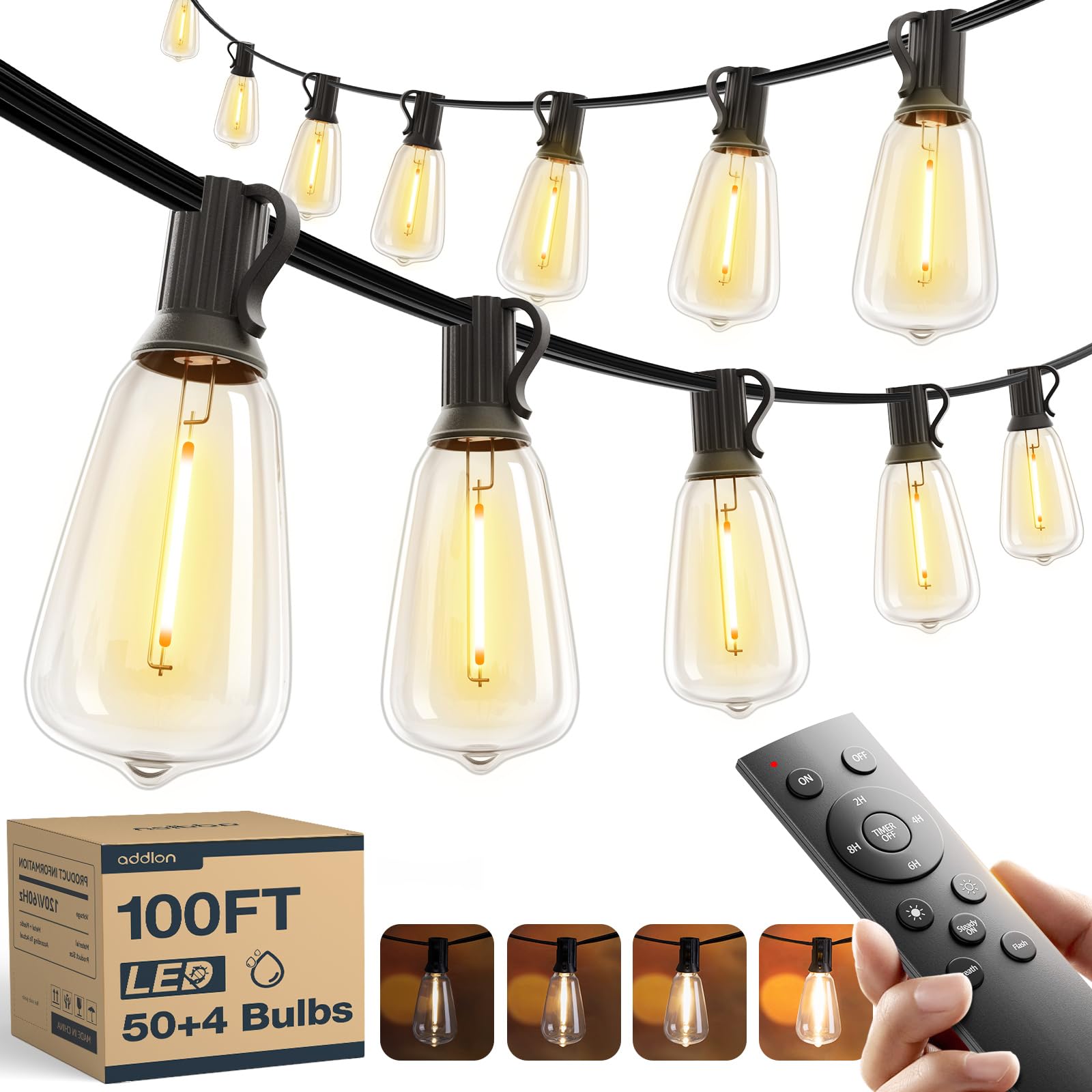 100FT(50FT*2) LED Outdoor String Lights with Remote Waterproof Patio Lights with 54 Shatterproof ST38 Replaceable Bulbs(4 Spare), Dimmable Outside Hanging Lights Connectable for Porch, Backyard