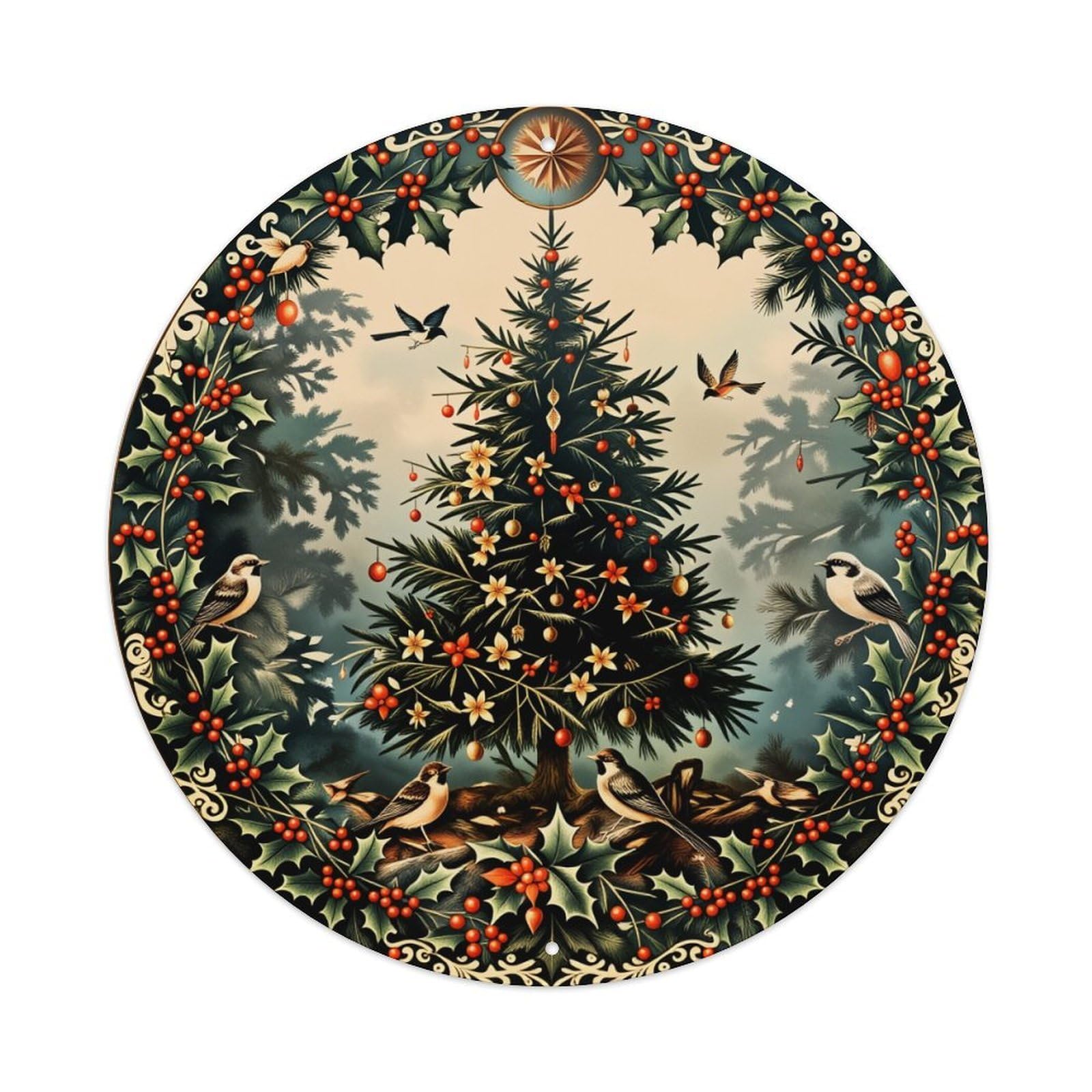 Christmas Tree Birds Holly Berries Metal Tin Sign Vintage Garden Bedroom Cafe Bar Man Cave Home Wall Decor Metal Poster 8x8 inches