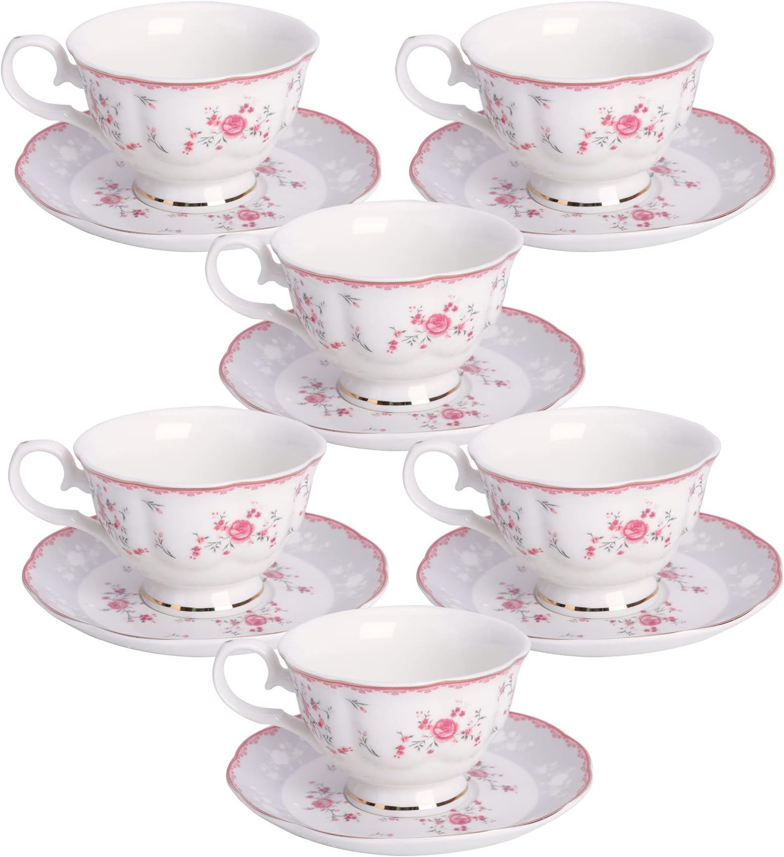 fanquare Pink Rose Tea Cup and Saucer Set for 6, British Vintage Afternoon Cup Set, Porcelain Coffee Cup with Gold Border, 150ml