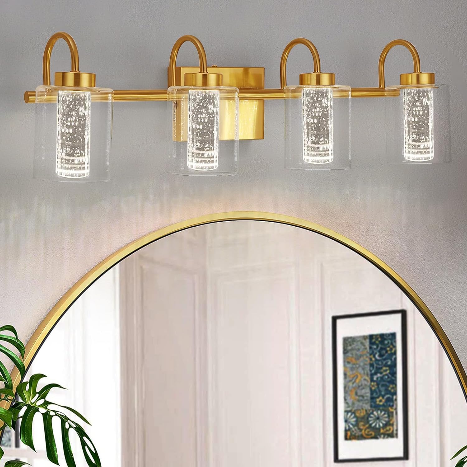 Litake 4 Light Brushed Gold Vanity Lights, Bathroom Light Fixtures Crystal Bubble Glass Dimmable 3 Color Temperatures Modern Bathroom Wall Sconce for Bathroom Hallway Kitchen Bedroom Living Room