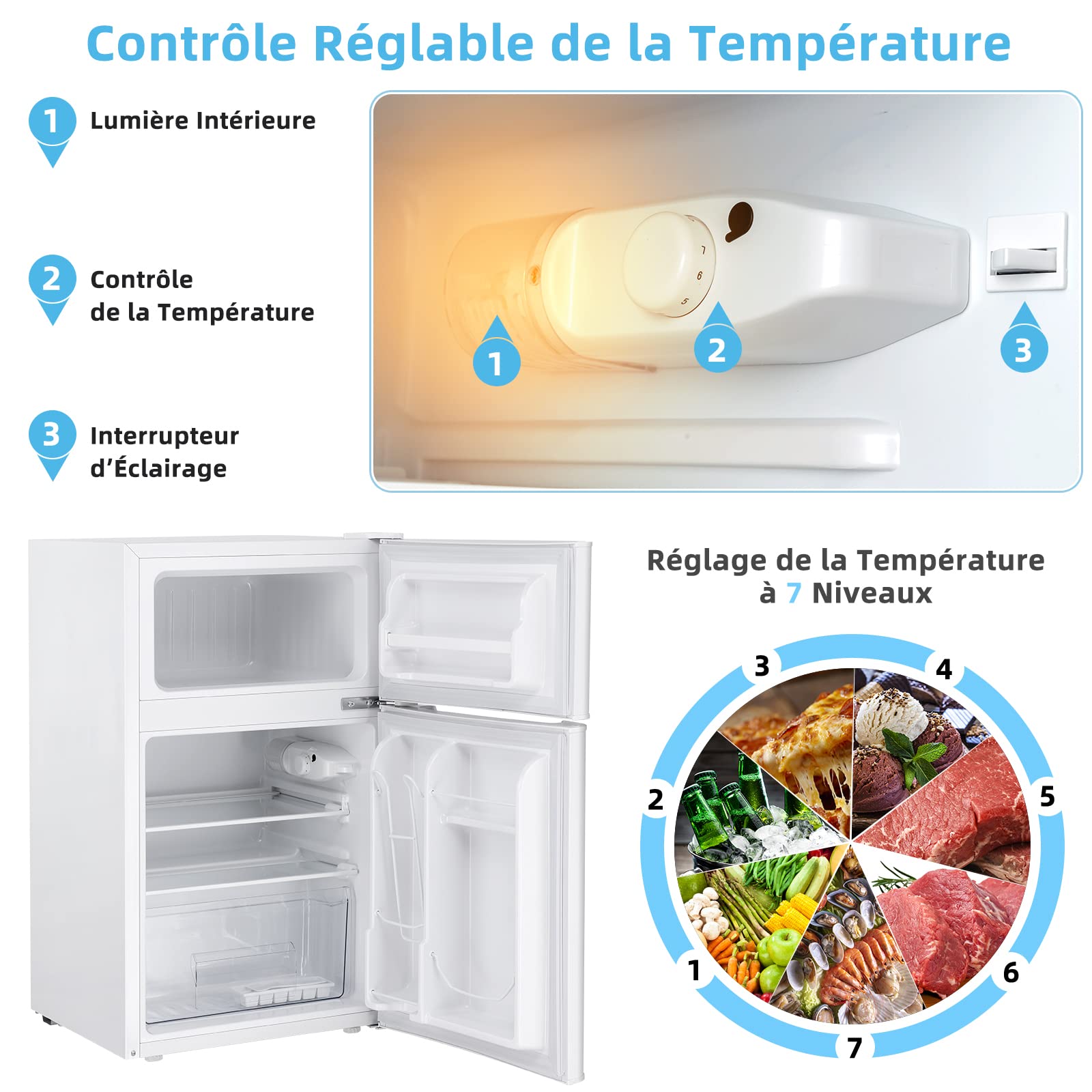 COSTWAY Réfrigérateur à Double Porte 90 L, Réfrigération Rapide, Économie d'énergie, Réfrigérateur en Métal avec 7 Niveaux de Température, 48,5 x 49,5 x 86 cm (Blanc)