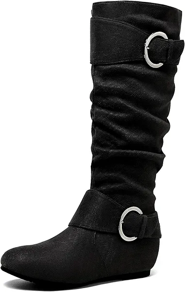DREAM PAIRS Women's Knee High Low Hidden Wedge Boots Suede Faux Fur Lining Side Zipper Knee High Buckle Boots