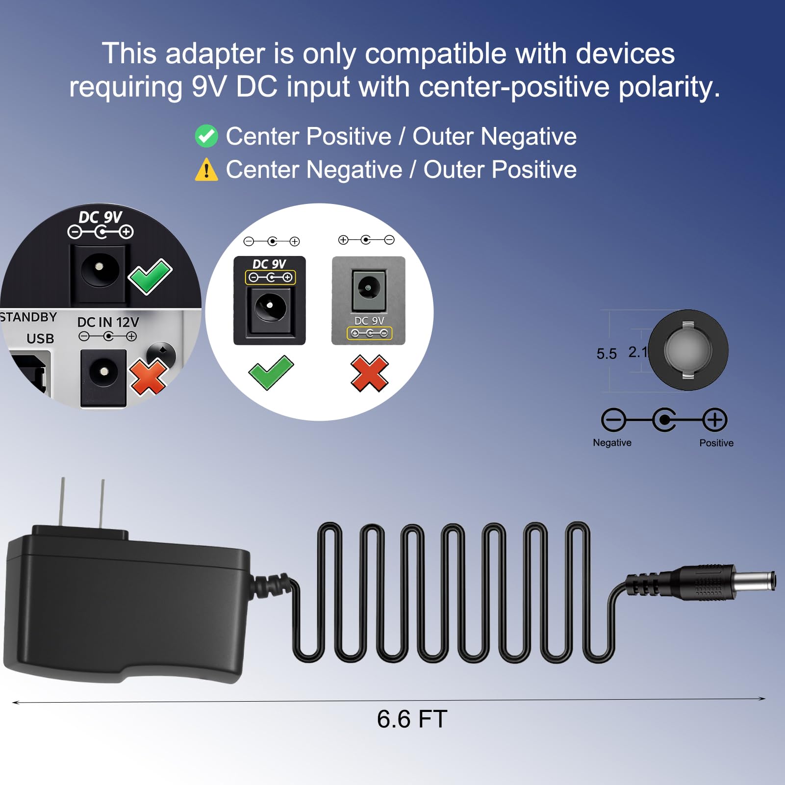 Alimentatore CA 9V 2A (cavo lungo 1,8m) compatibile con strisce LED, router, altoparlante, umidificatore, CCTV, dispositivi digitali: 5,5 x 2,1 mm DC maschio