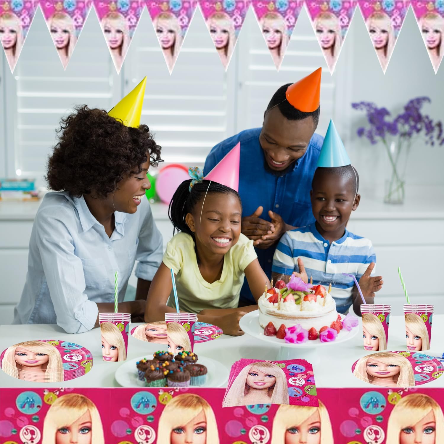 Set Completo Stoviglie Compleanno Rosa - 62 Pezzi Con Tovaglia, Piatti, Bicchieri E Tovaglioli Per Feste Bambini - Foto 2