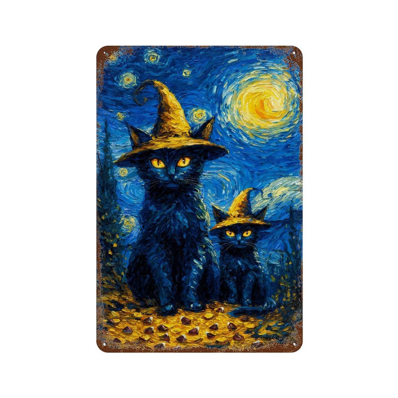 Starry Night Black Cats Witch Hat Aged Metal Wall Plaque 11.8"x7.9", for Office, Studio And Wall Decor, Novelty Wall Decor