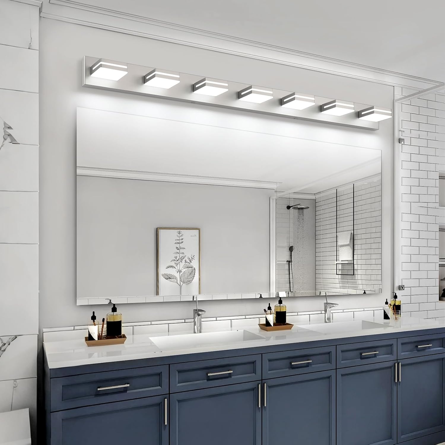 SineRise LED Modern Bathroom Vanity Light Fixtures (7-Light, 55-Inch, Dimmable), Brushed Nickel Modern Acrylic Bathroom Wall Lighting Fixtures Over Mirror (Cool White 6000K)