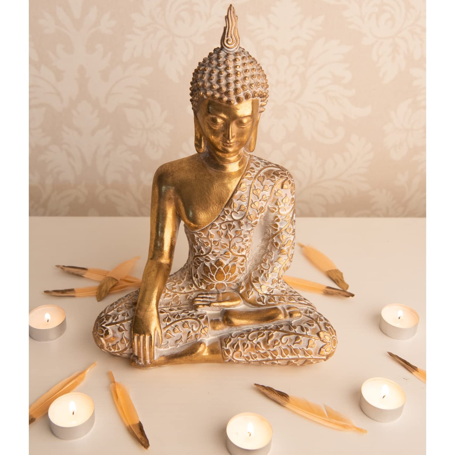 dszapaci Figura de Buda de Oro 30cm Figura sentada con patrón Blanco de decoración Estatua