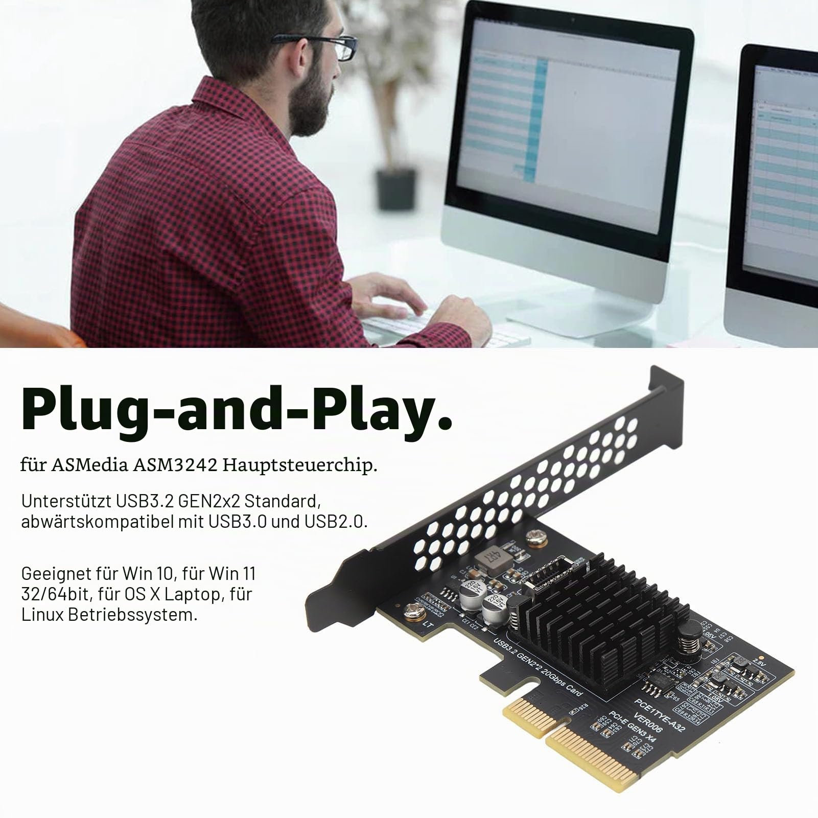 PCIE zu USB 3.2 Gen 2 Erweiterungskarte, USB3.2 GEN2x2 20Gbps Type-C Type E Front/A Key Karte, für ASMedia ASM3242, PCI Express USB Karte für Desktop PC, für 10, für 11