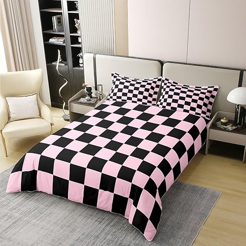 Miniatura 4 de Juego de ropa de cama a cuadros para adolescentes, mujeres, hombres, rosa, negro, a cuadros, 100% algodón, tamaño matrimonial, para niños y niñas,
