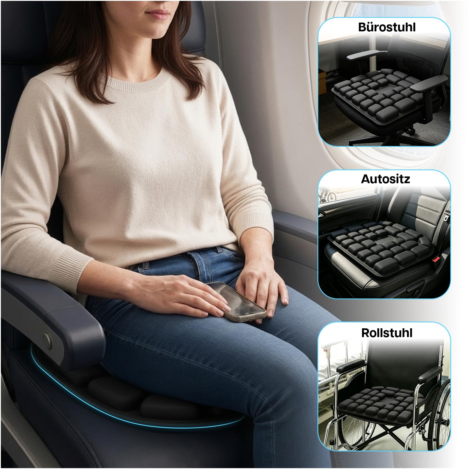 MMOBIEL Aufblasbares Reise Sitzkissen Tragbares Flugzeug Sitzkissen mit 3D Luftzellen, Tragetasche & Anti-Rutsch Unterseite – Druckentlastung Steißbein & Hämorrhoiden – Büro, Camping & Stadion