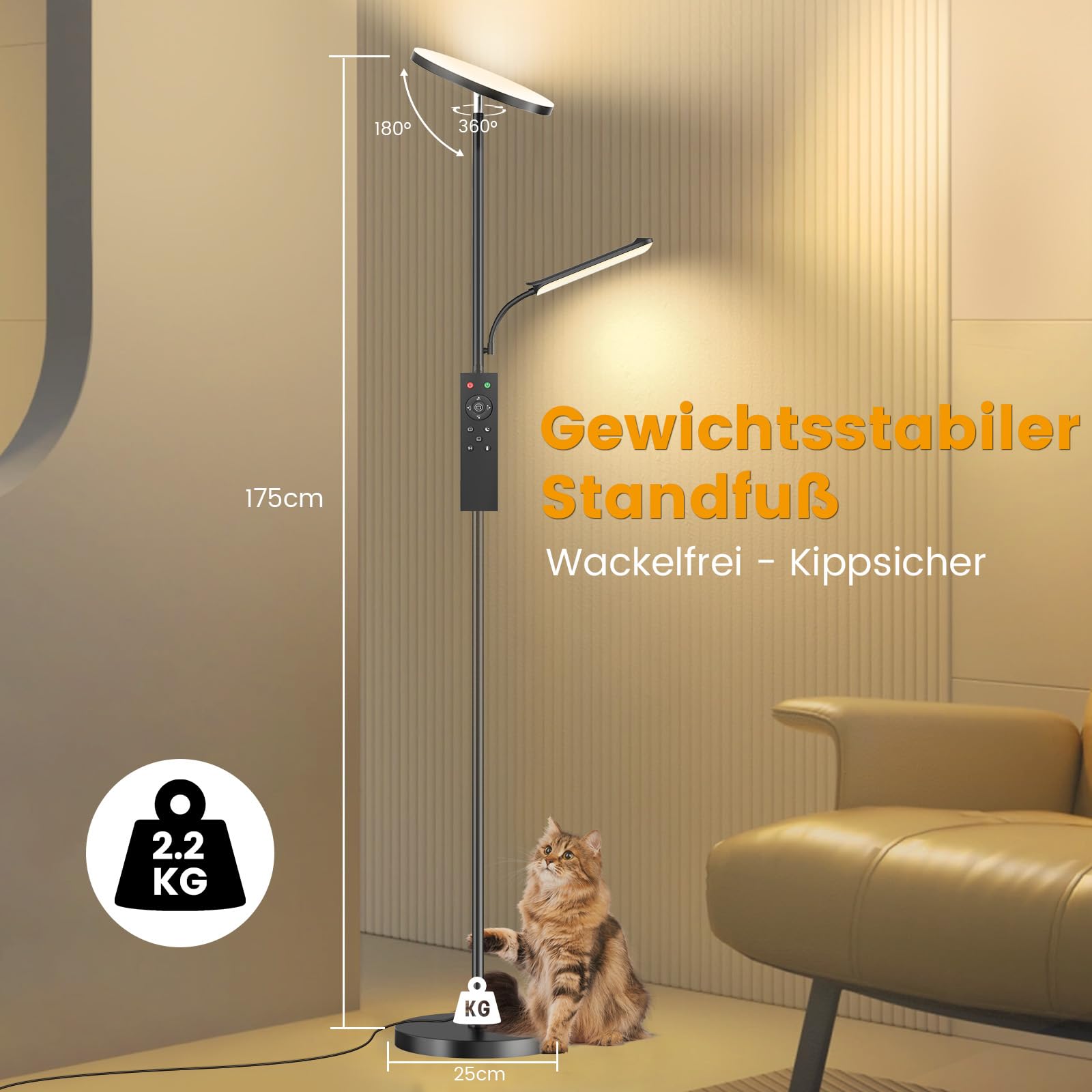 Stehlampe Wohnzimmer, 42W Deckenfluter mit Leselampe Dimmbar, 4200LM Stehlampe mit 2700K-6500K Farbtemperatu, Moderne Standleuchte mit Fernbedienung & Touch-Steuerung für Wohnzimmer Schlafzimmer