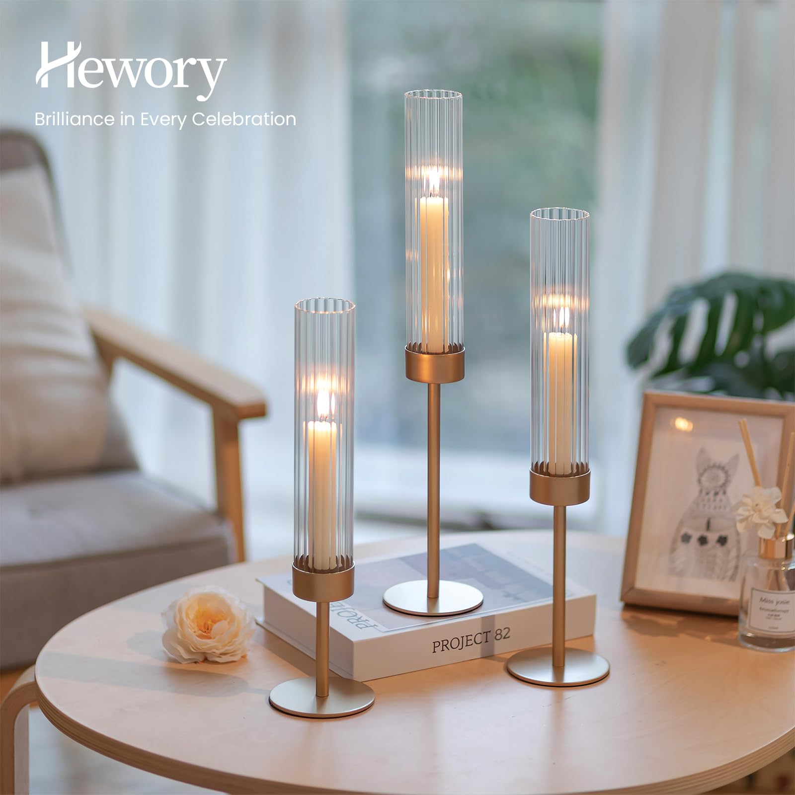 Hewory Bougeoir doré ouragan : 3 bougeoirs pour décoration