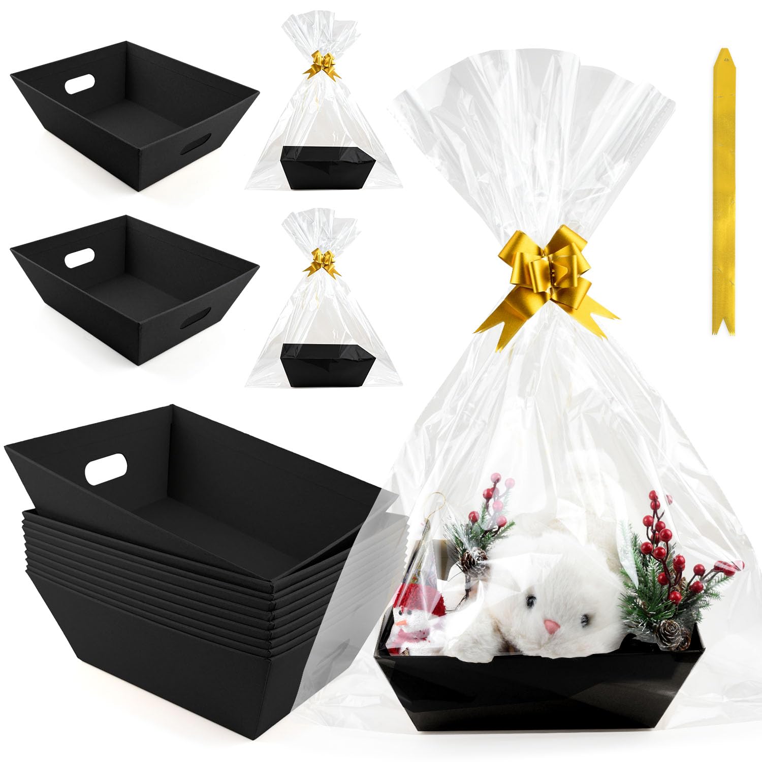 Set di 10 cesti regalo vuoti, 25 x 25 cm, in carta kraft, con 10 fiocchi, 10 sacchetti vuoti, per Natale, Ringraziamento, San Valentino, Pasqua, matrimonio, festa di compleanno, confezione regalo