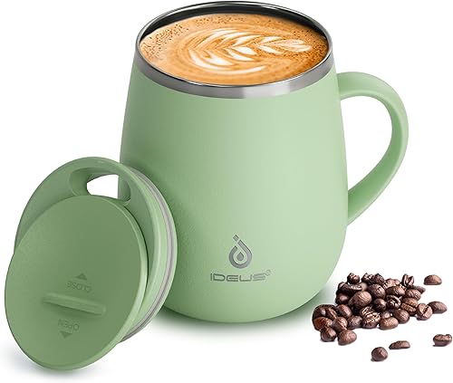 Ideus Taza de café aislada de 16 onzas con asa y tapa, taza de café térmica al vacío de acero inoxidable de doble pared, taza de café de viaje para