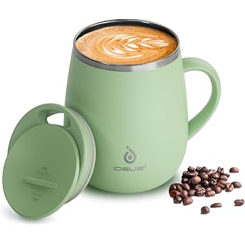 Ideus Coffee Mug 470 ml, Double-Wall Vacuum-Insulated Stainless Steel Coffee and Tea Mug with Non-Slip Handle and Sliding Mod