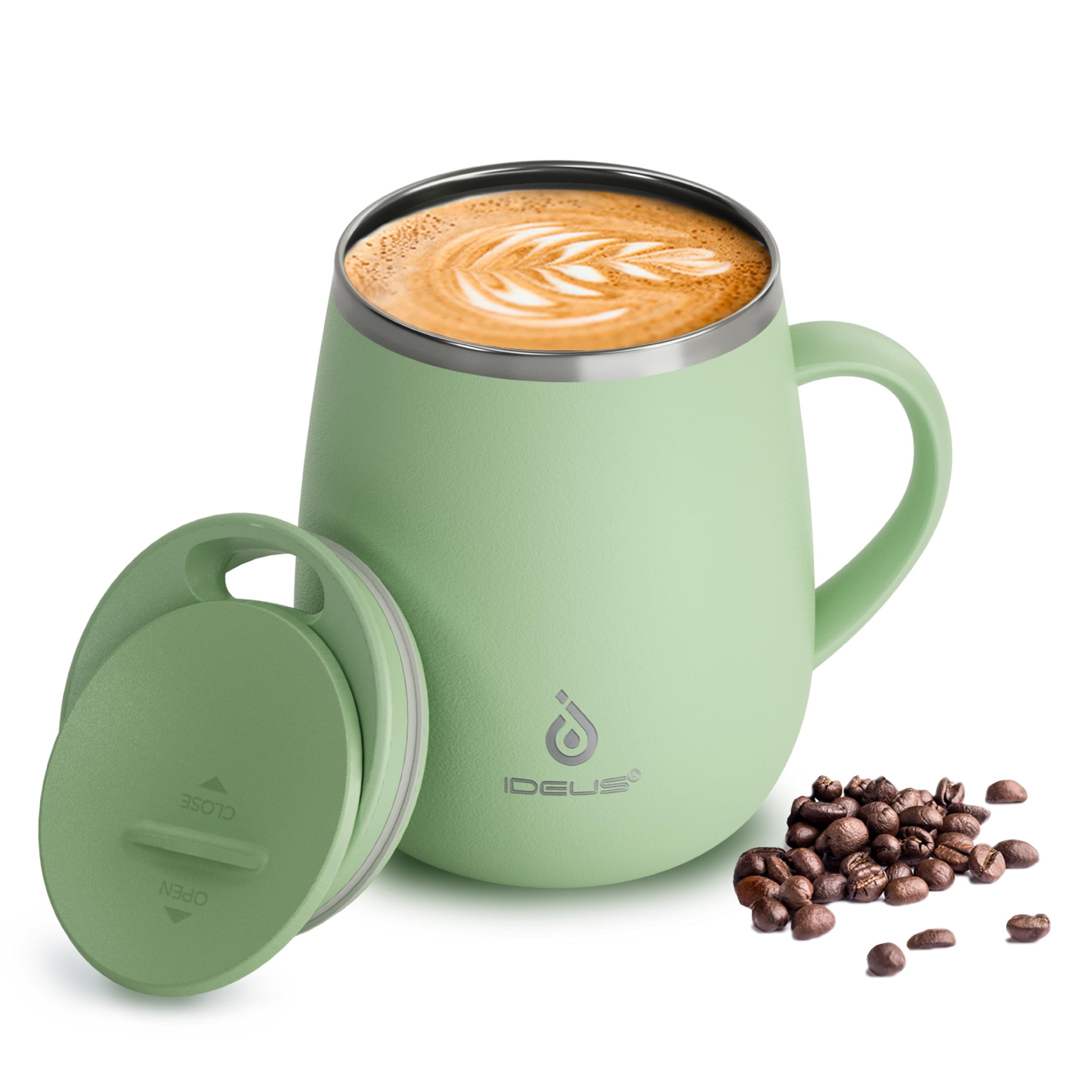 Ideus 16 oz Insulated Coffee Mug with Handle and Lid, Double Wall Stainless Steel Vacuum Thermal Coffee Mug, Travel Coffee Cup Thermal Cup for Home and Office, Avocado Green
