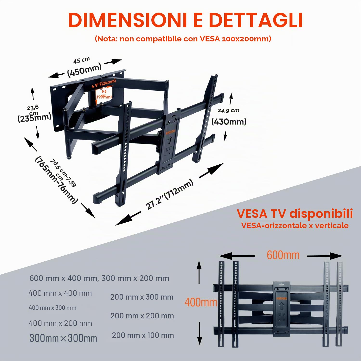 Supporto TV Parete da 50-90 Pollici, Inclinazione Girevole Staffa con 765mm Doppio Braccio, Braccio TV Ultra Resistente 75kg, Staffa Televisore 75 85 90 Pollici VESA 200x100-600x400mm