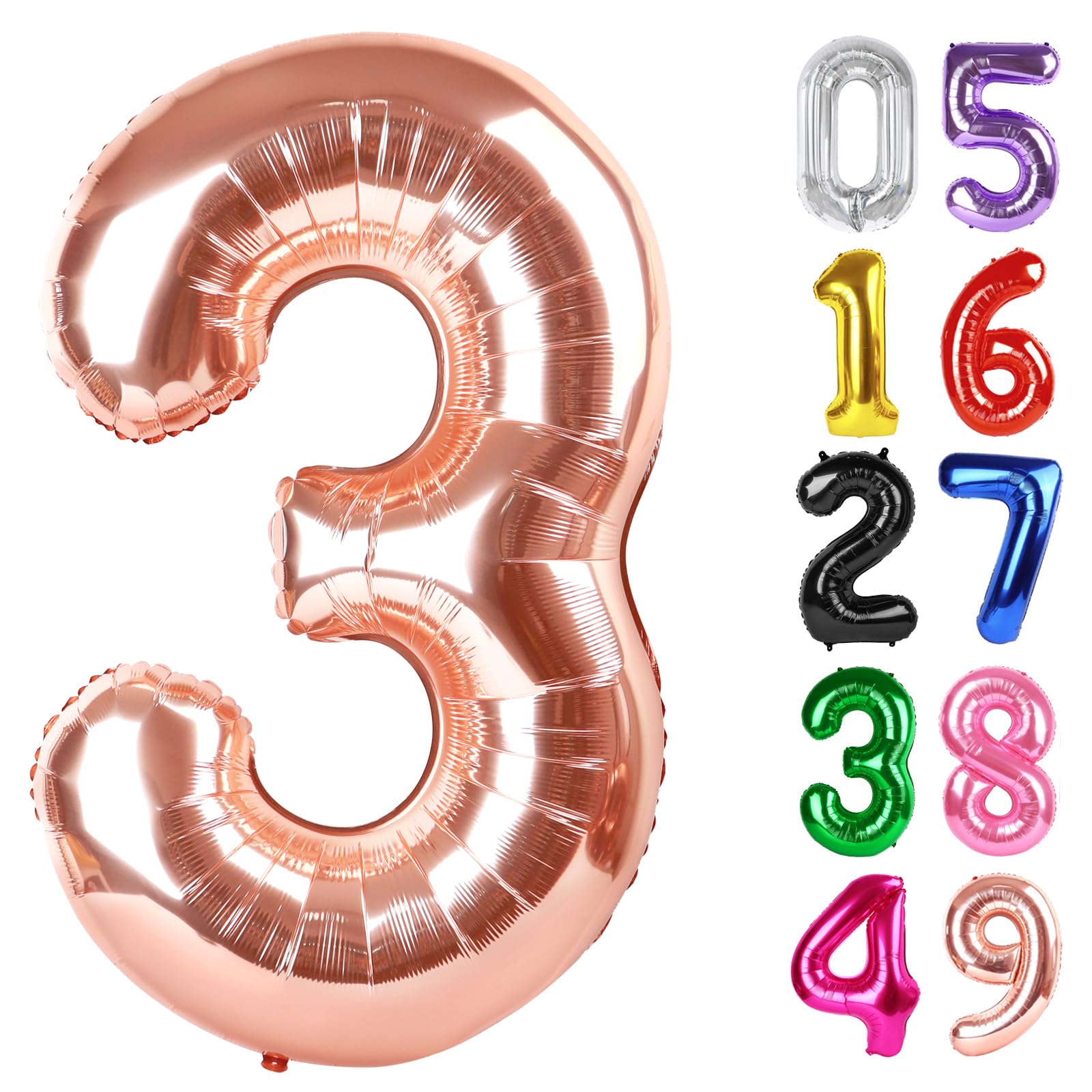 Rose Gold Number 3 Balloon 40 Inch, 3rd Birthday Decorations Men Women