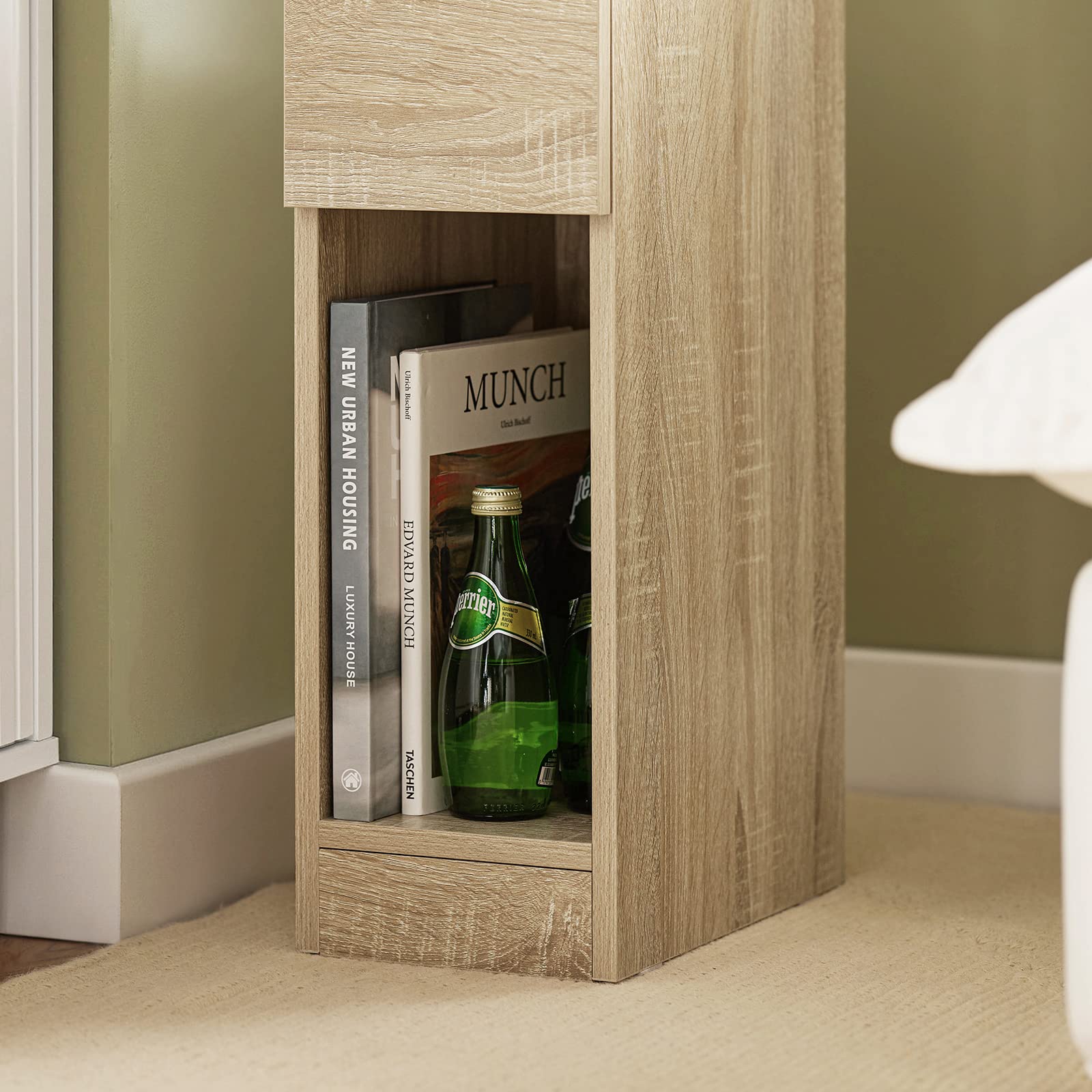 SoBuy Mesita de Noche Estrecha 20 cm con cajón Mesa de Noche ahorradora de Espacio & mesilla de Noche para Espacios pequeños Dormitorio salón Natural 20x35x60 cm FBT111-N