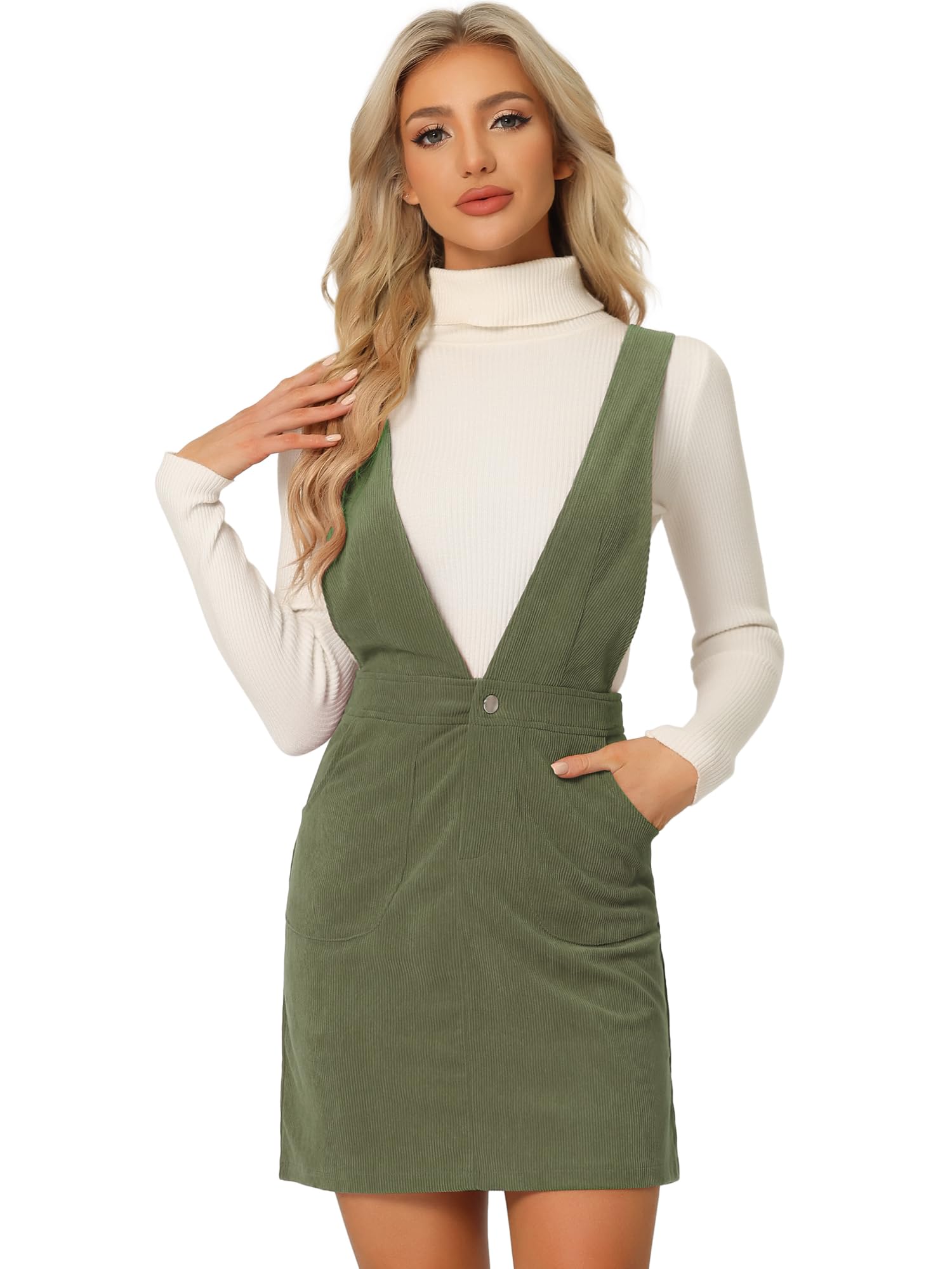 Allegra K Women's Corduroy Overall V Neck Strap Mini Pinafore Dress
