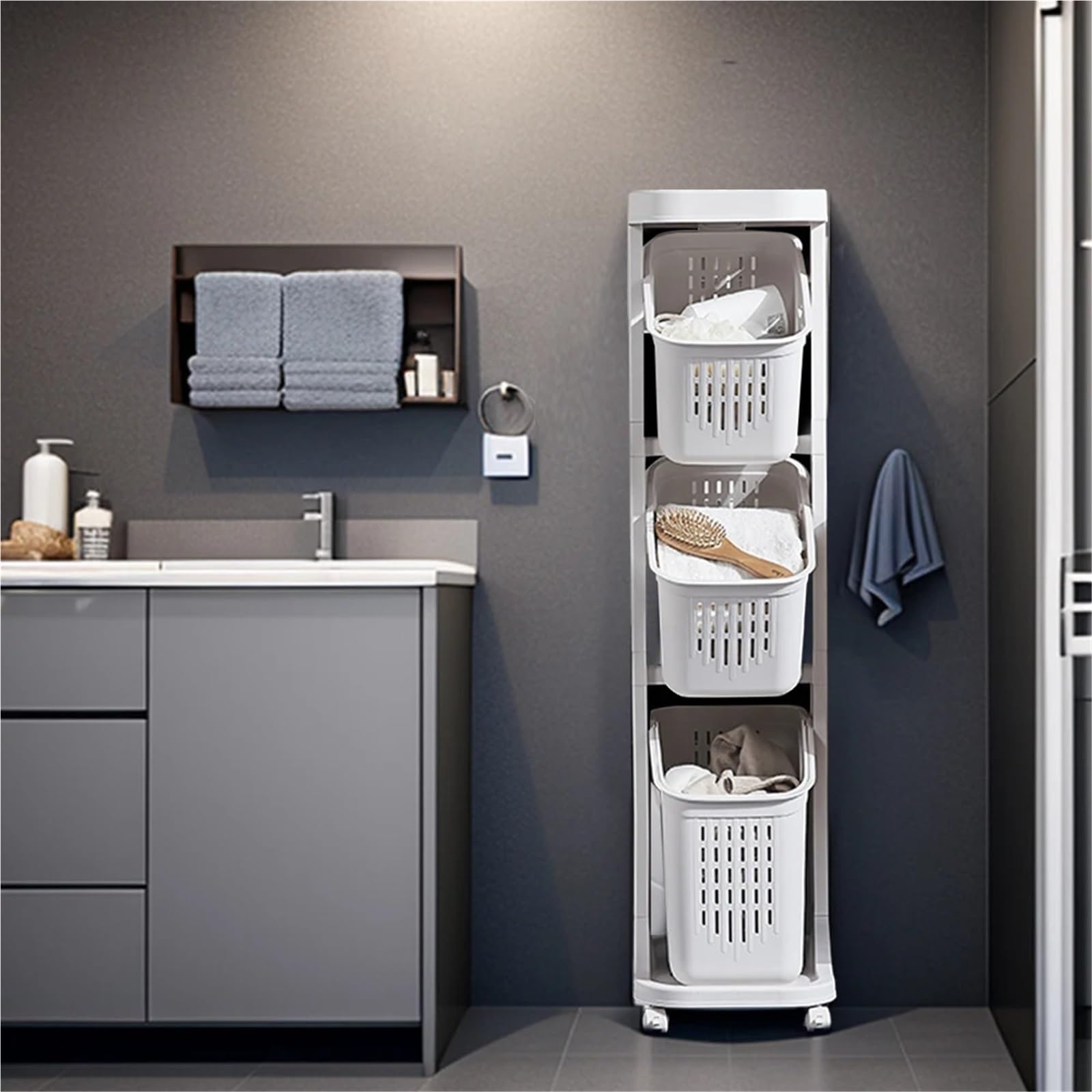 Cesto Portabiancheria Con Ruote Cesto portabiancheria a 4 livelli con ruote(Light Grey)
