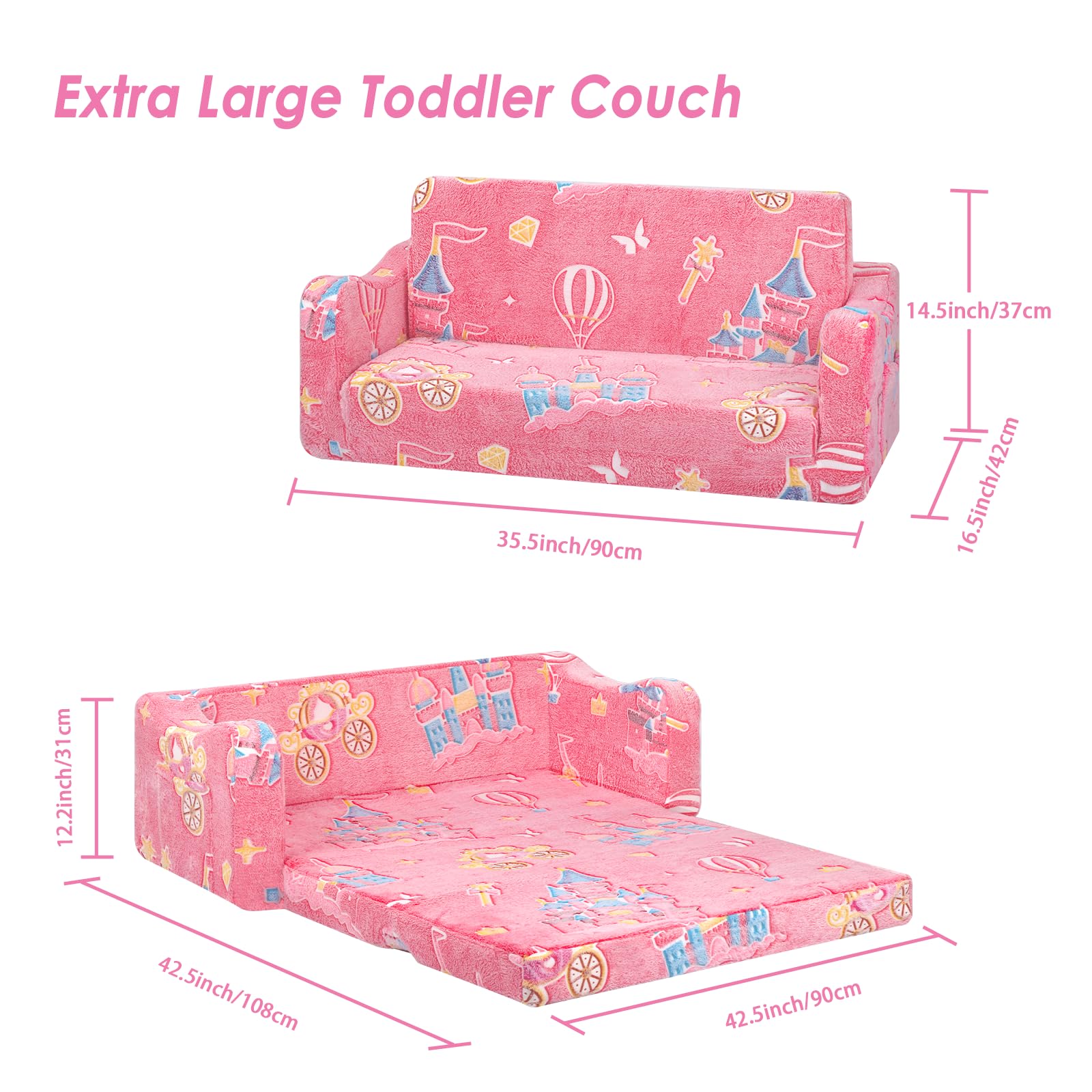 Pieghevole Divano Bambini 2-in-1, Poltroncina per Bambini Trasformabile in Lettino per Regalo Bambino,Stabile Sedia si illumina al Buio Camere da Letto, Soggiorno e Stanza per i Giochi,Castello