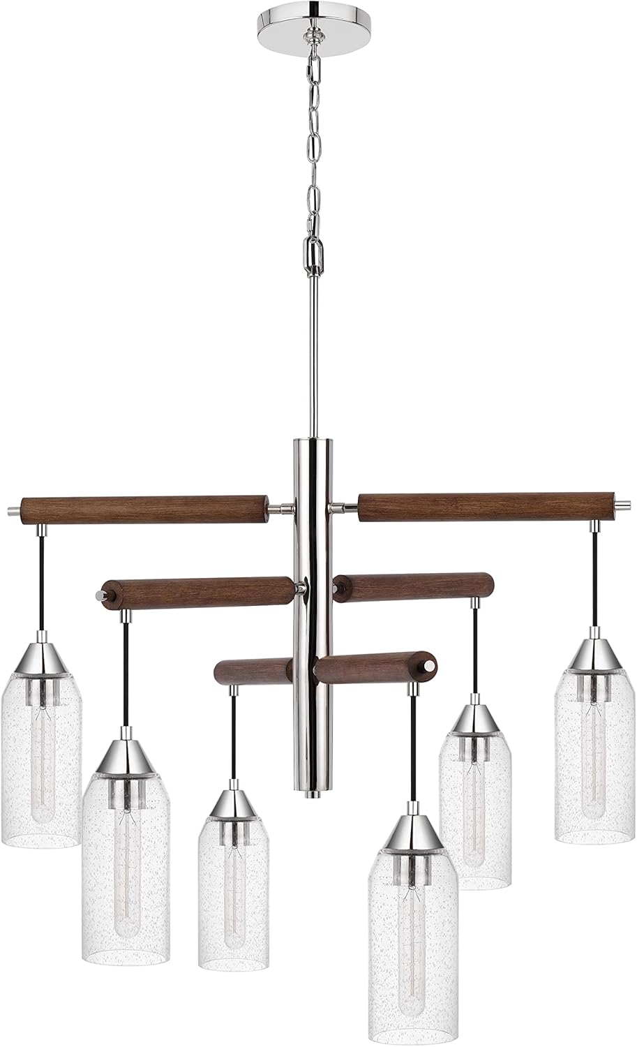 60W x 6 Massillon Rubber Wood Chandelier with Hanging bulbbed Glass Shades