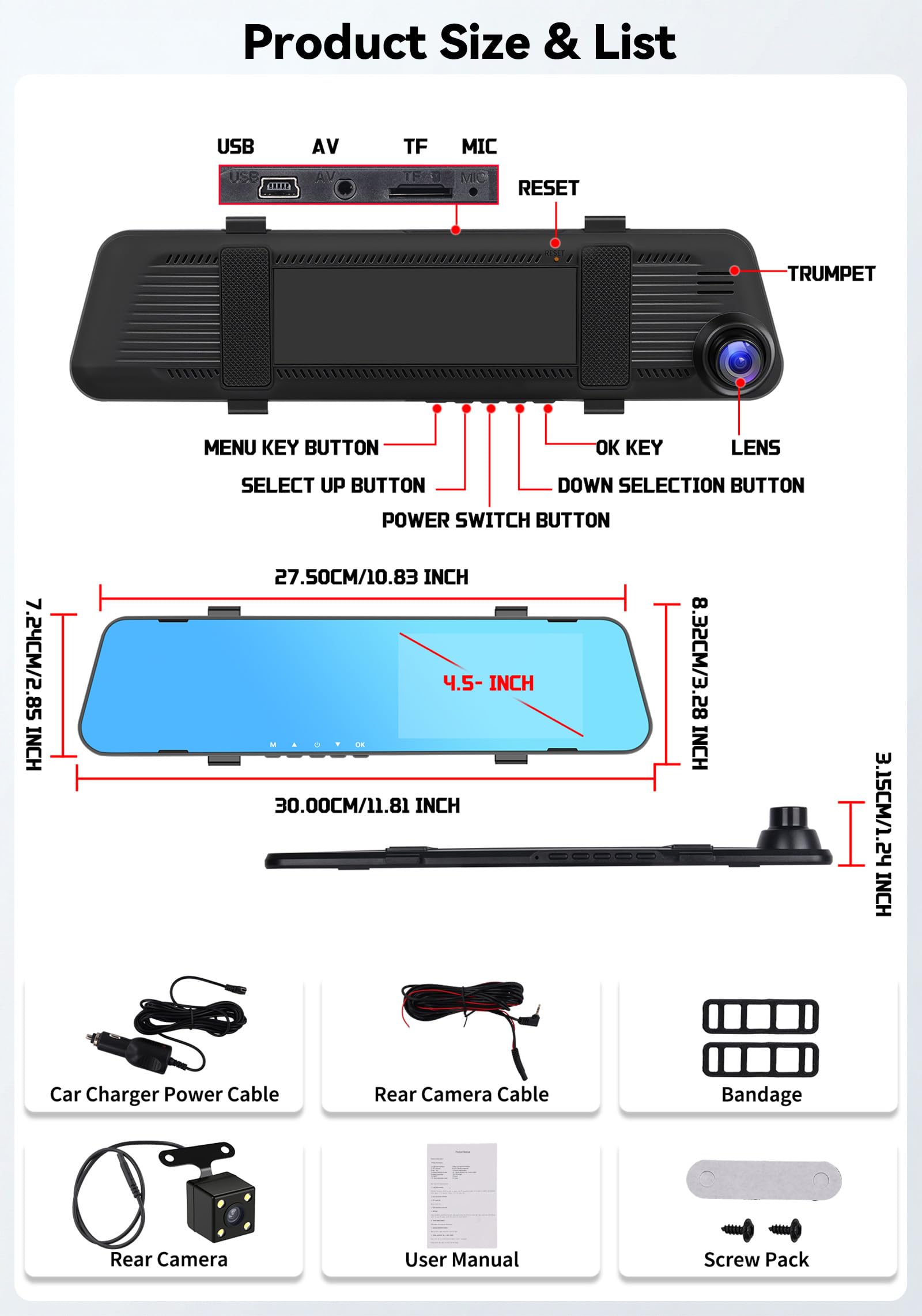 SIXTOP Dashcam 1080P Cámara Delantera y Trasera con Pantalla 4.5″ | Grabación Simultánea Frontal y Trasera, Visión Nocturna, Sensor de Movimiento, Grabación en Bucle y Líneas de Aparcamiento