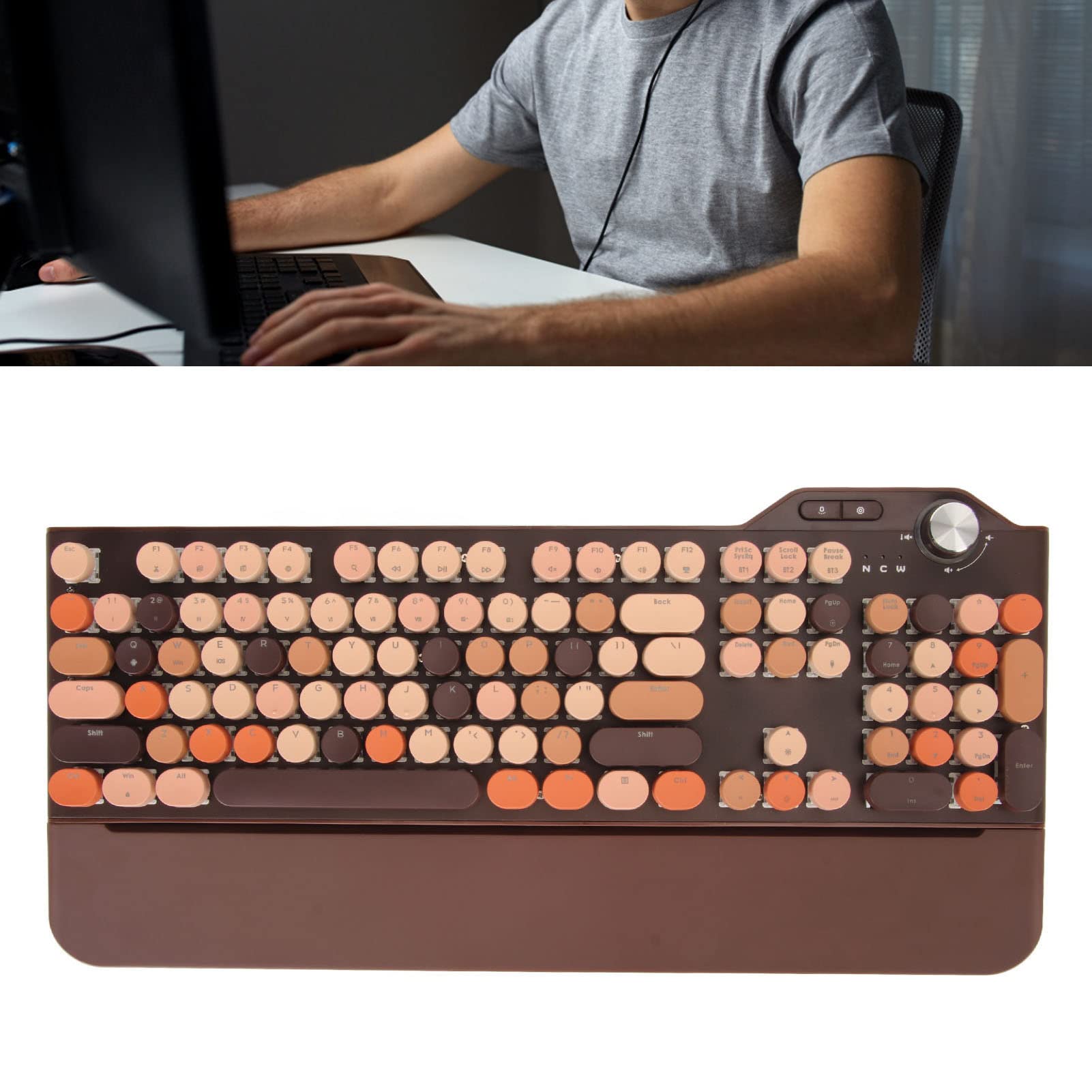 Mechaniczna Klawiatura do Gier do Pisania, Styl Retro Steampunk, z Podświetleniem LED 107 Klawiszy 2.4G BT5.1 USB Przewodowa 3 Tryby do Laptopa, Telefonów Komórkowych, Komputerów (Kawa)