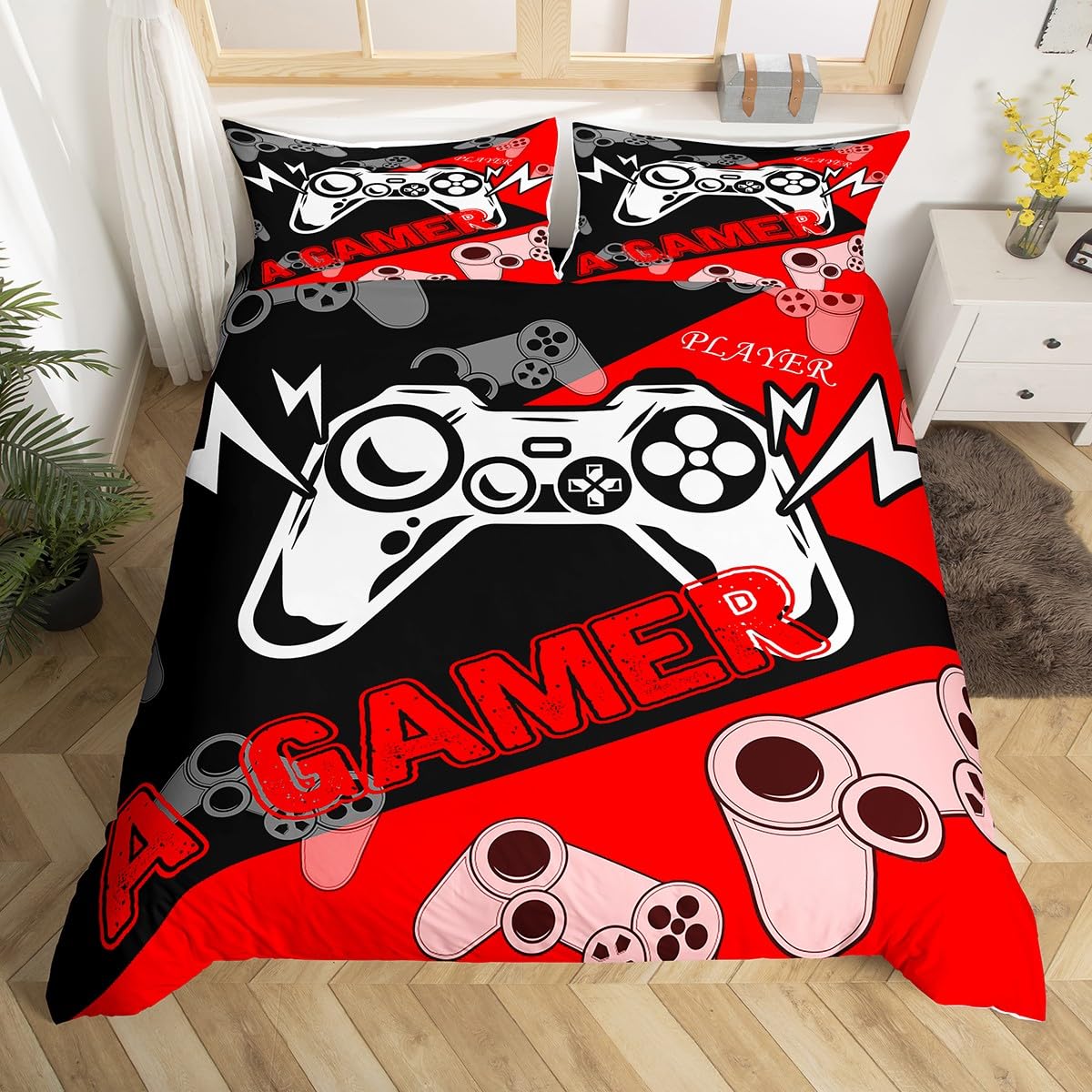 Set copripiumino singolo per bambini e ragazzi, a tema videogiochi, motivo gamepad con fulmini, decorativo, con 1 federa, verde e nero