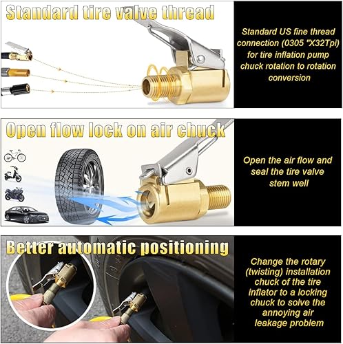Miniatura 9 de GLSOWEE 2 mandriles de aire de latón de 14 pulgadas, bloqueo de púas portátil, adaptador de portabrocas de aire sin fugas, adaptador de boquilla de