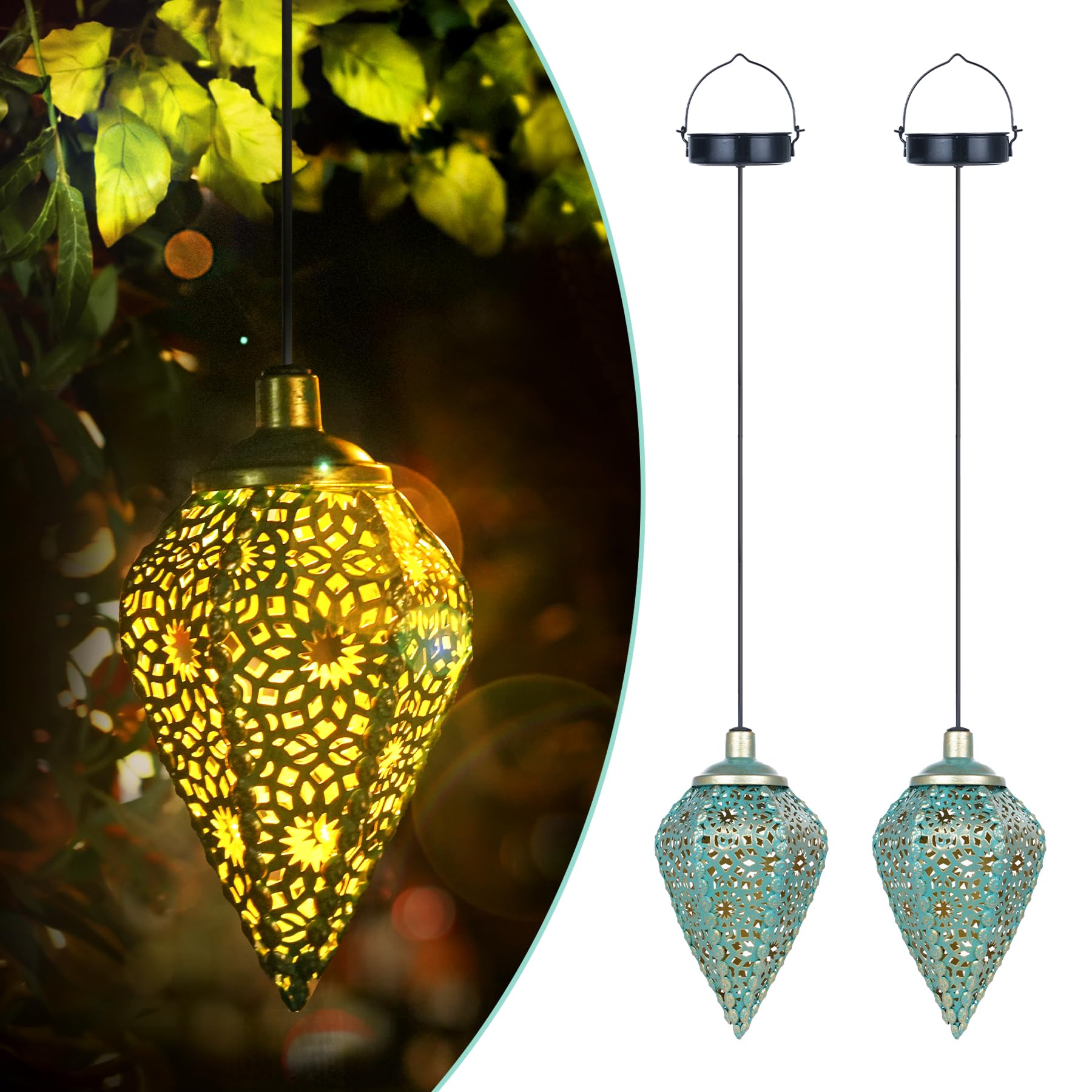 Solarlaterne für Außen Hängend 2 Stück, Metall Solar Laterne für Draußen IP65 Wasserdicht, Grüngoldene Orientalische Solarlampen für Außen mit Haken für Balkon Terrasse Patio Baum Geschenk(Olivenform)