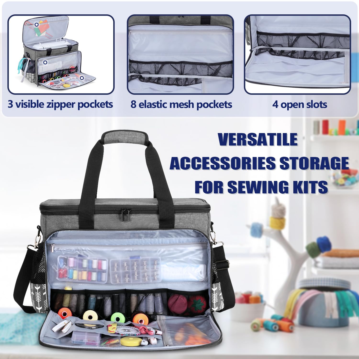 Yarwo Sac pour Machine à Coudre, Sac de Transport pour Machine à Coudre avec Planche de Bois pour Soutenir Le Fond, Convient à la Plupart Majeur Machine à Coudre, Gris avec Motif de Flèche | Avec Planche Bois Amovible, Plusieurs Poches, Rembourrage Épais