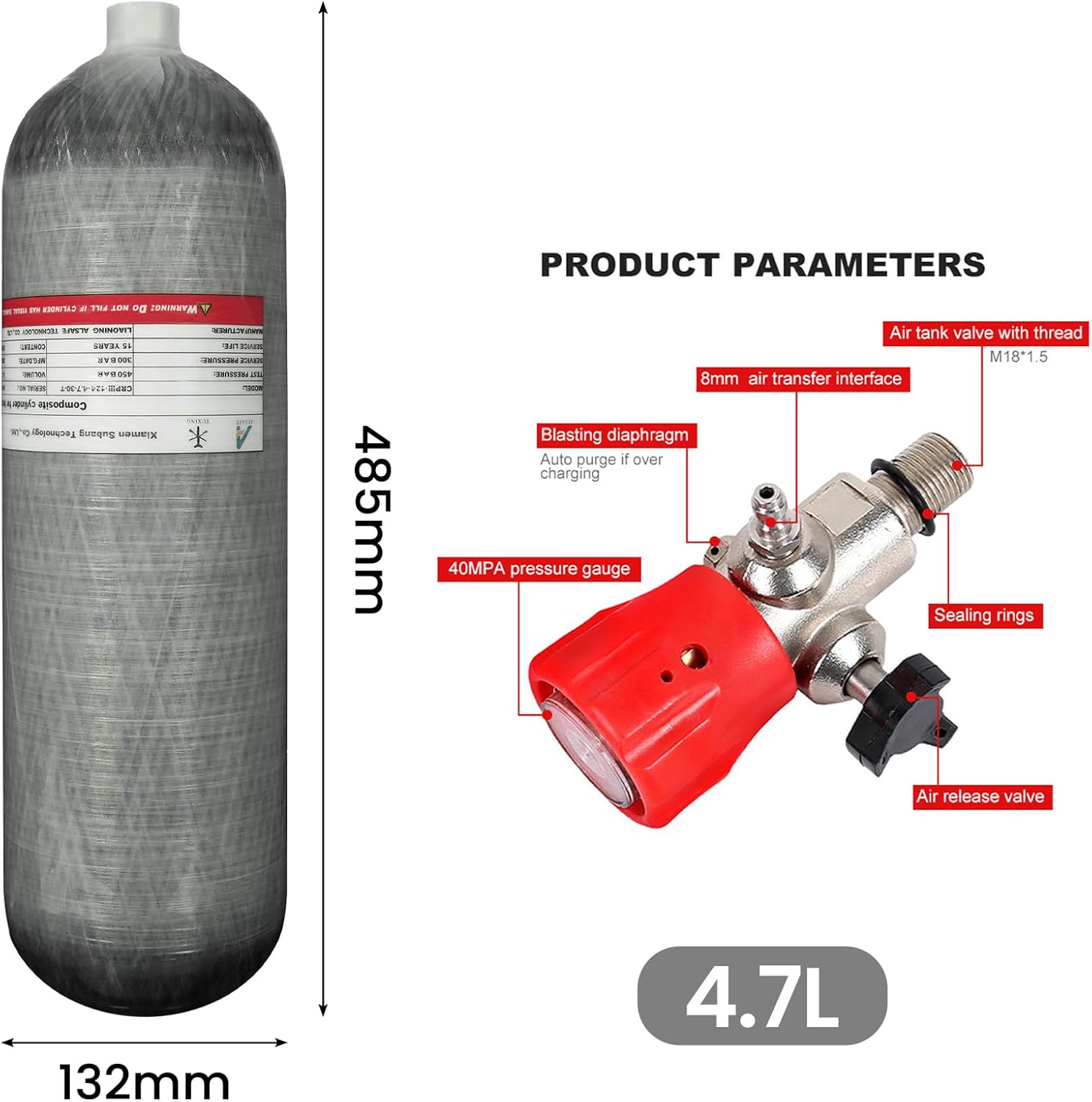 TUXING 4500Psi Carbon Fiber Air Tank, 4.7L Carbon Fiber Air Tank with Pcp Filling Regulator Valve for Pcp Air Rifle Scuba Tank (Empty Bottle), M18*1.5 (4.7L+Station H)
