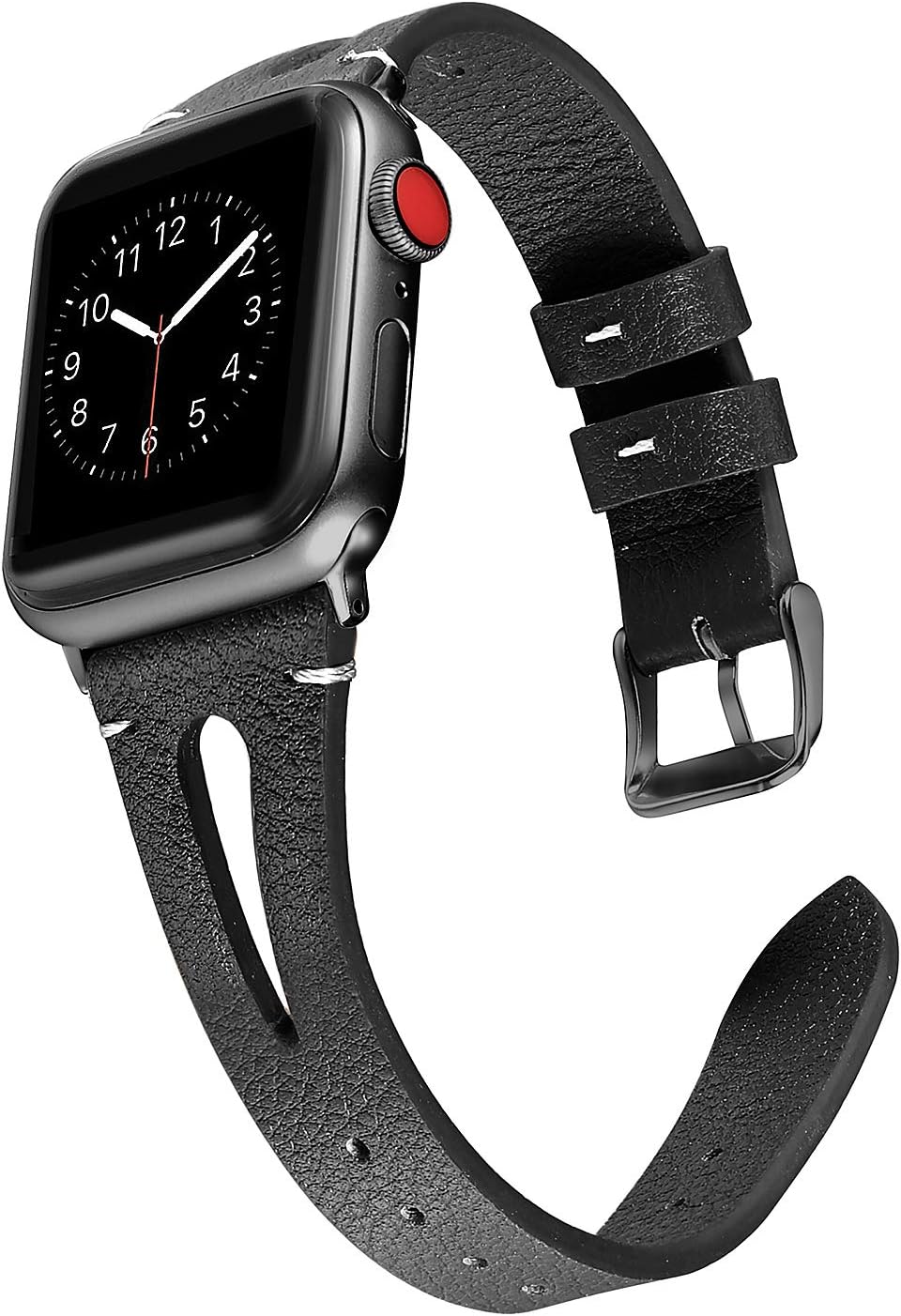 Secbolt, cinturino in pelle compatibile con Apple Watch, 38 mm, 40 mm, serie 4, 3, 2, 1, sottile, con foro traspirante, cinturino di ricambio per Iwatch Nike+ Edition, Black with Black Connector