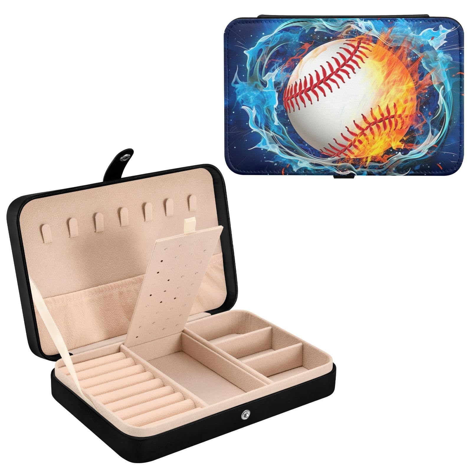 Haskirky Baseball on Fire Jewelry Box Portable PU Leather Travel Jewelry Organize for Women Jewelry Storage Display Holder for Ring, Necklace, Earring