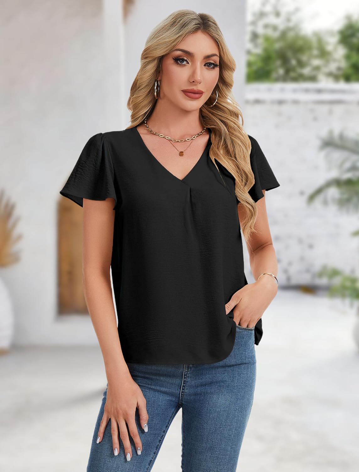 Womens Dressy Casual Tops V Neck Ruffle Short Sleeve Blouse Summer Chiffon Business Work Shirts Loose Fit S-XXL - Image 6