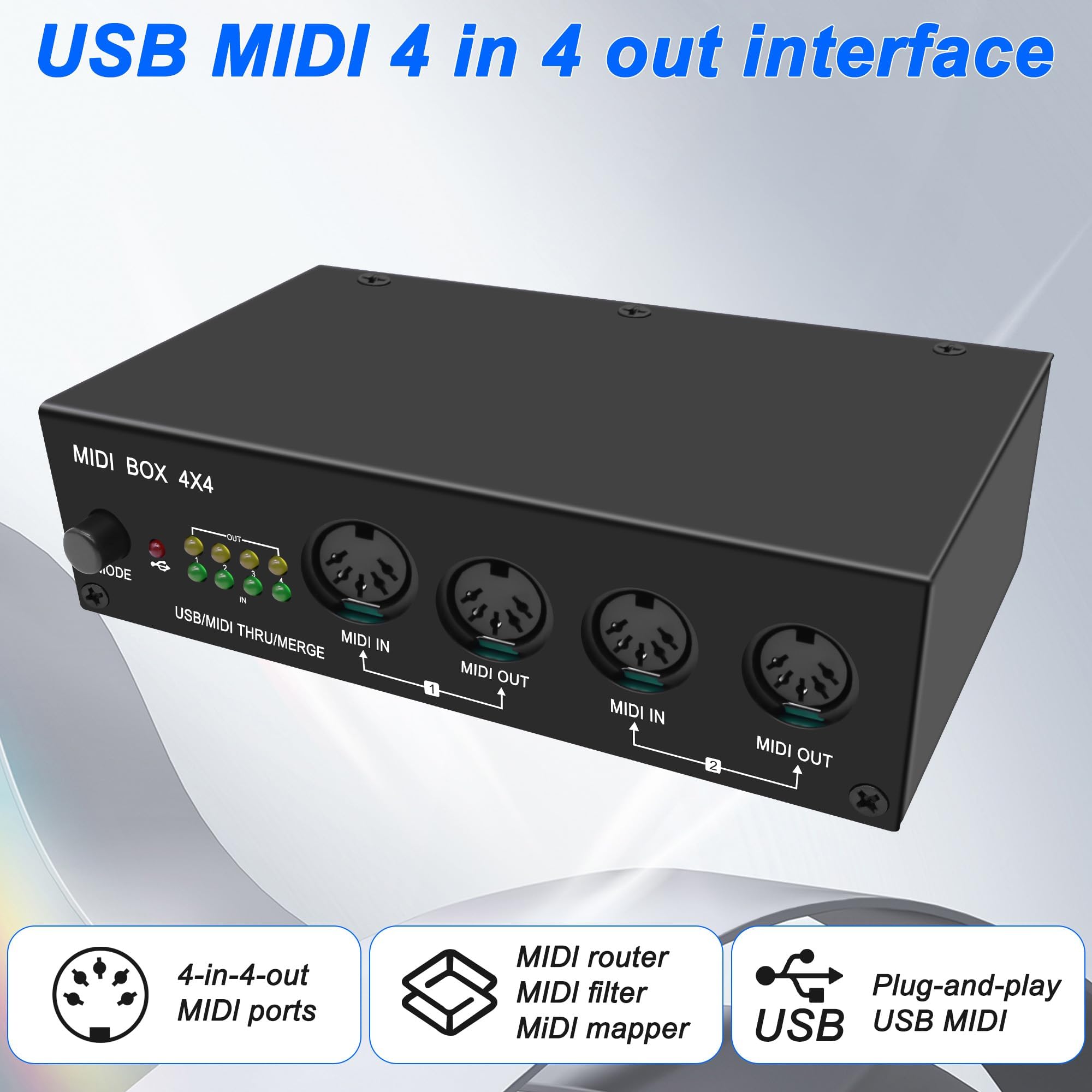 XMSJSIY USB MIDI Interface Box 4 In 4 Out 64 Canali MIDI Thru Box 4 * 4 Converter con Router Unire Splitter Thru Hub con indicatori LED per PC Mac e strumenti MIDI USB