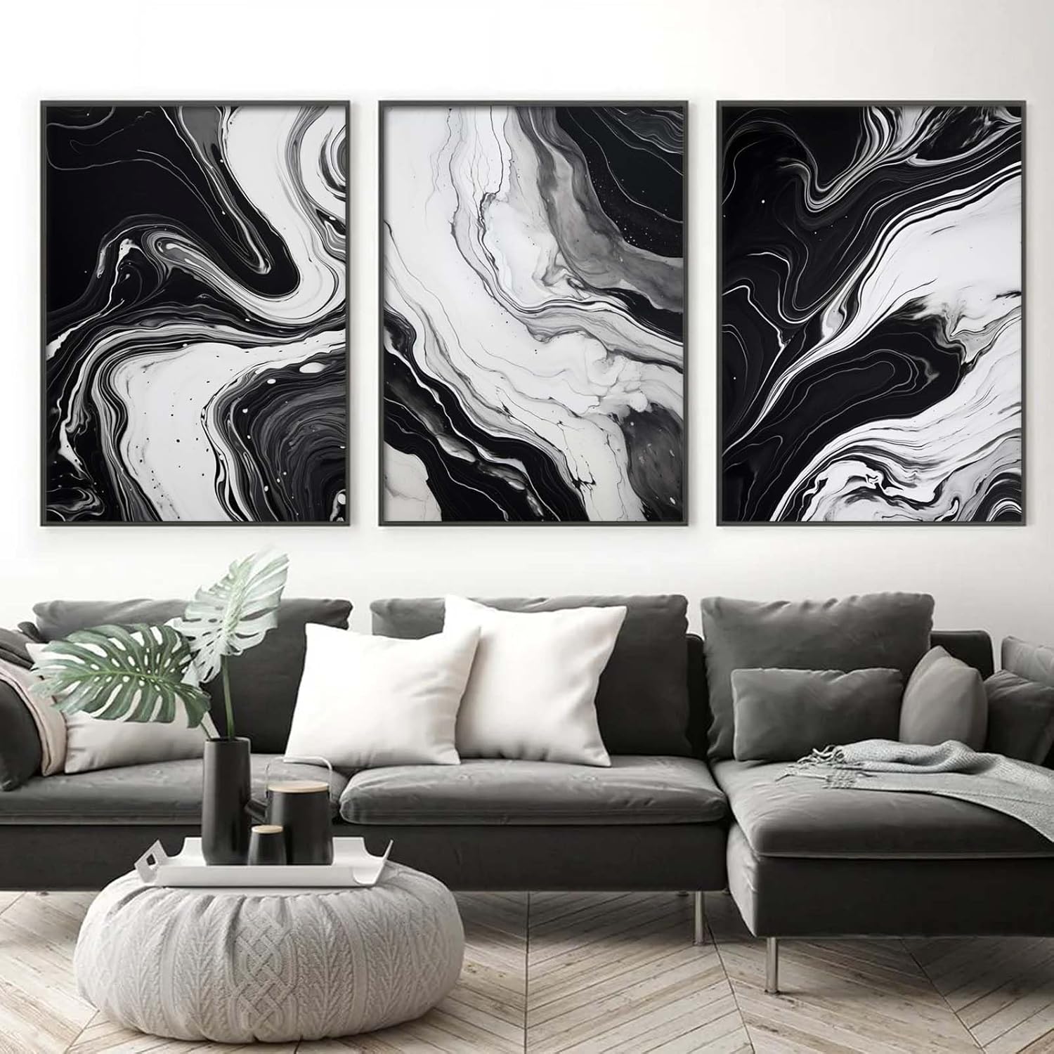 Black and White Marble Wall Art Abstract Painting Canvas for Living Room Bedroom Decor - Gray Poster Set of 3 No Frame 16x24inch