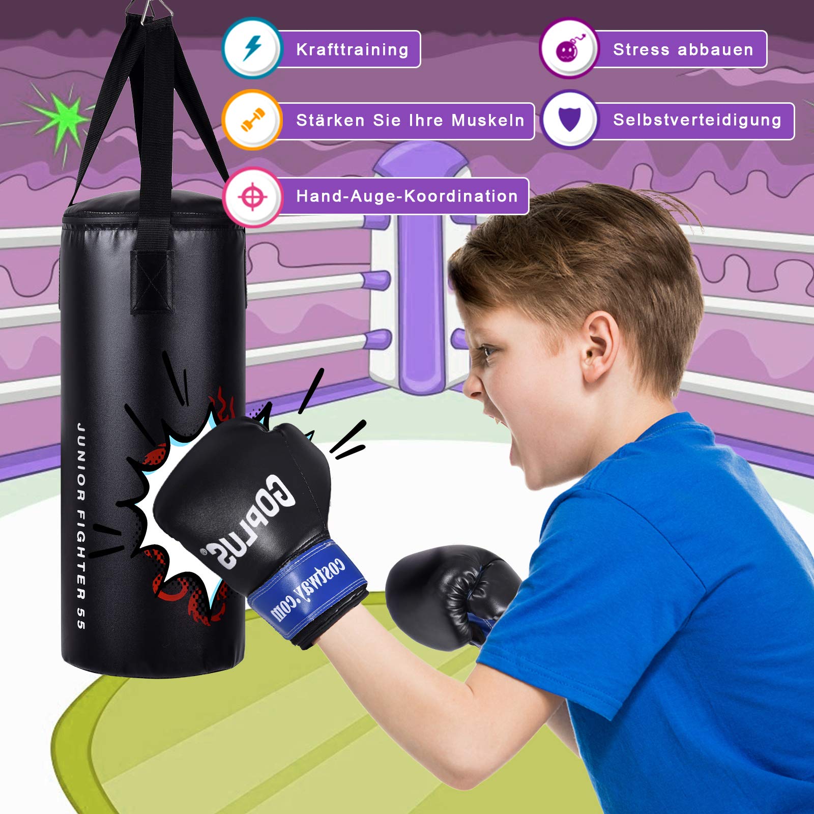 GOPLUS 10 kg Boxsack Set, Kinder Boxset, Boxing Set mit Boxhandschuhe & Springseil, Punching Bag mit Füllung, aus Kunstleder, inkl. Tragetasche & Deckenhalterung, für Kinder und Jugendliche