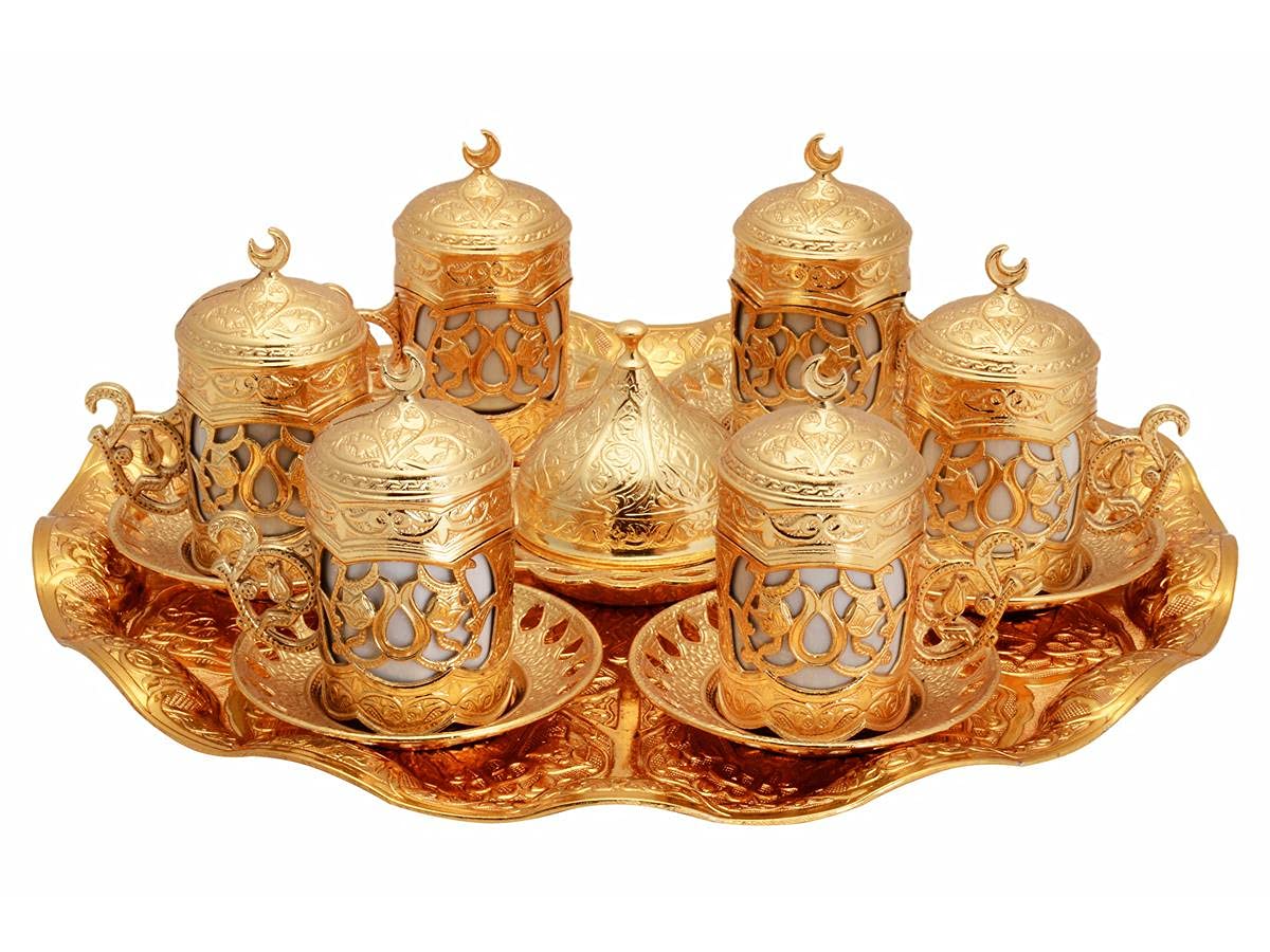Turkish Greek Arabic Coffee Serving Cup Saucer Set 6 cups porcelain cup, Set will be a nice gift for others (Gold)