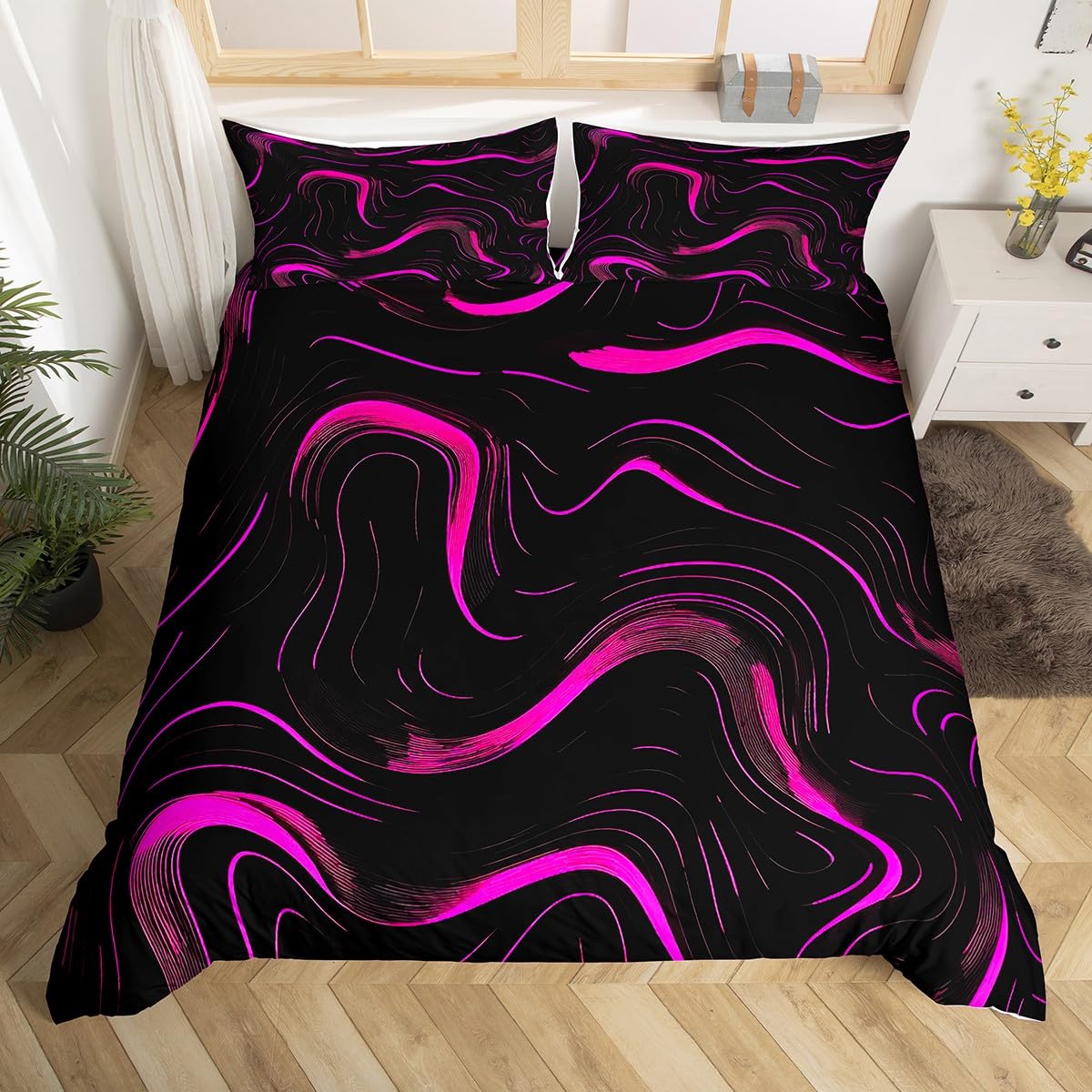 Kids Hot Pink Stripes Bedding Set Super King Size Modern Abstract Duvet Cover for Boys Girls Teens Bedroom Decor Comforter Cover Soft Lightweight Microfiber Women Men With 2 Pillow Case