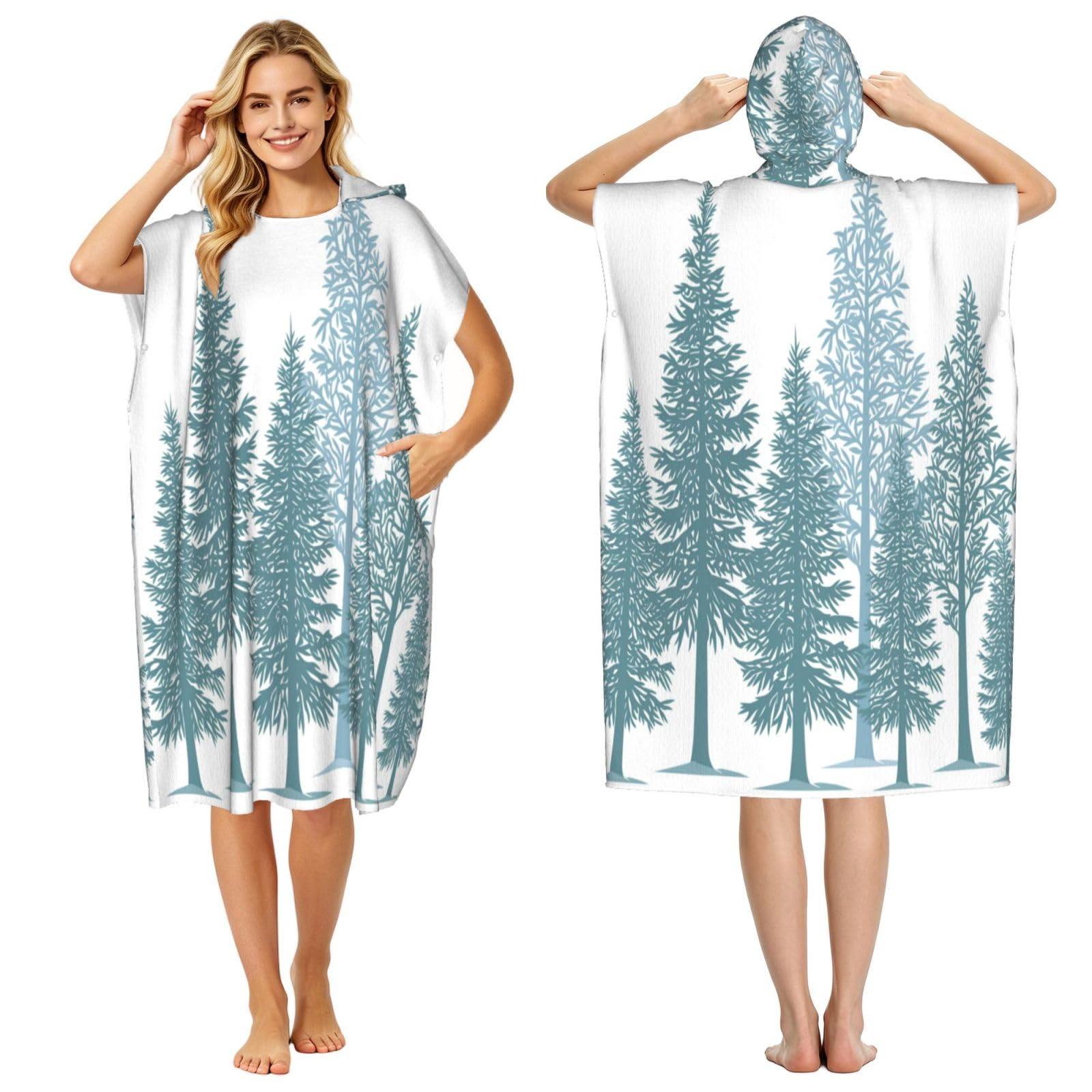 KLGRTJHK Pine Silhouette Adult Hooded Beach Poncho Towel 43"X35"