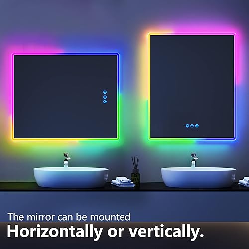 Miniatura 6 de LVSOMT Espejo de baño LED RGB para pared, 24 x 28 pulgadas, espejo de tocador de pared con luces que cambian de color, espejo iluminado para colgar,