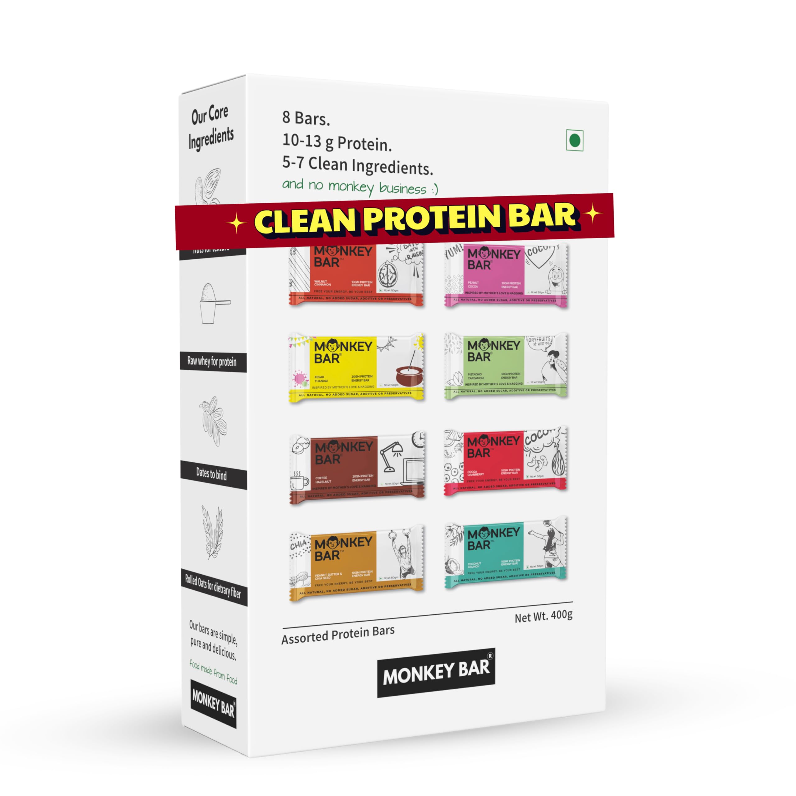 MONKEY BAR - Assorted Protein Bars - 8 Pack, 50grams each, 10-13g Protein, Healthy & High Protein Snack Bar, No Added Sugar, 5-7 All Natural Ingredients, 8 Delicious Flavours, Clean Energy-image-17