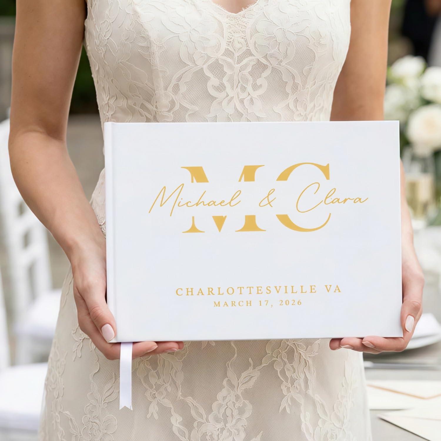 Personalized White Photo Album Guest Book, Custom Name Hardcover Memory Journal Scrapbook for Pictures, Wedding Reception Bridal Shower Signing Book