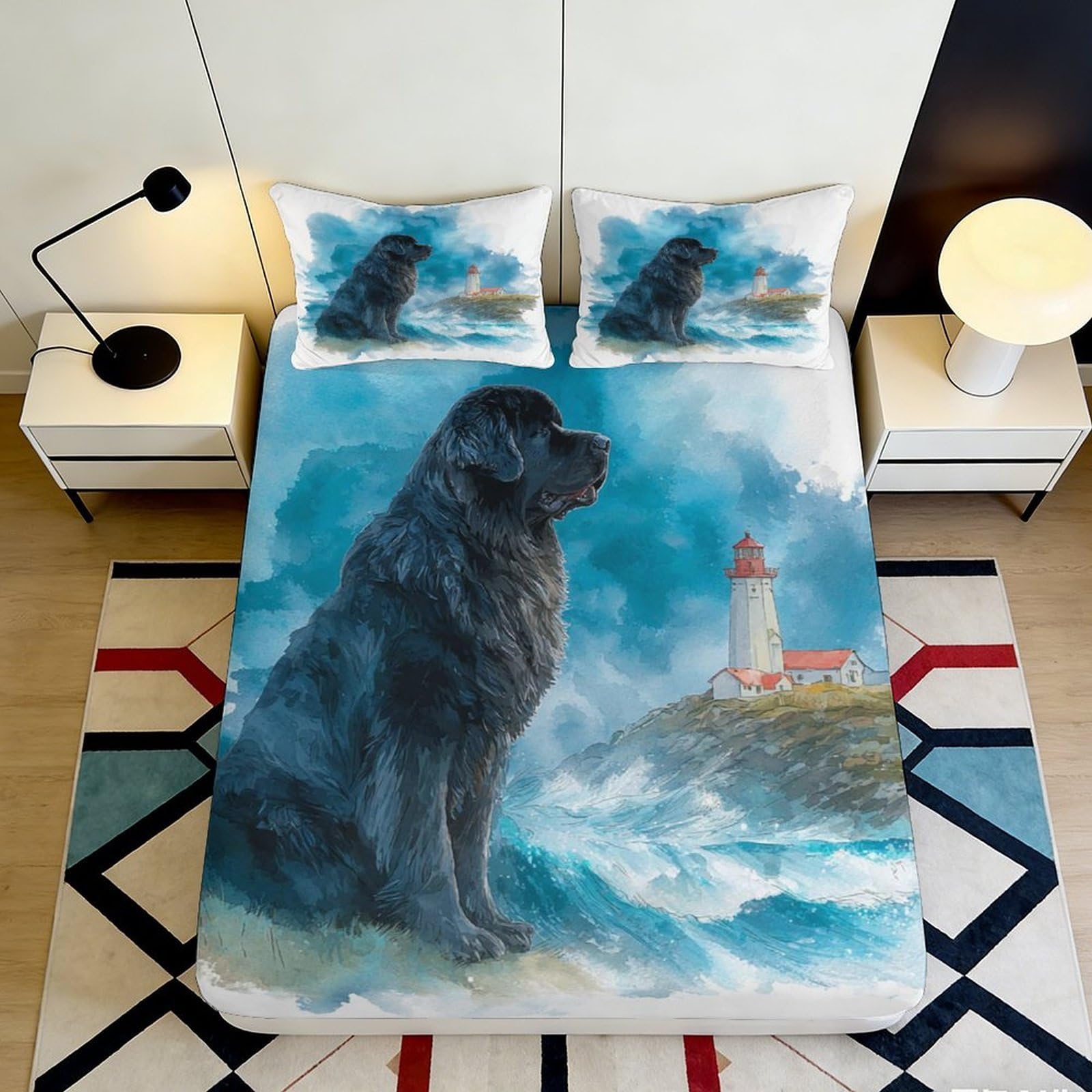 3D Printed Black Newfoundland Dog Fitted Sheet Microfiber Soft Coastal Lighthouse Mattress Cover Bedroom Decor 90x200x25cm