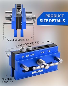 DAYDOOR Self Centering Doweling Jig, Adjustable Width Dowel Jig for Straight Holes, Biscuit Joiner Set with 6 Bushings and 3 Drill Bits(Blue)